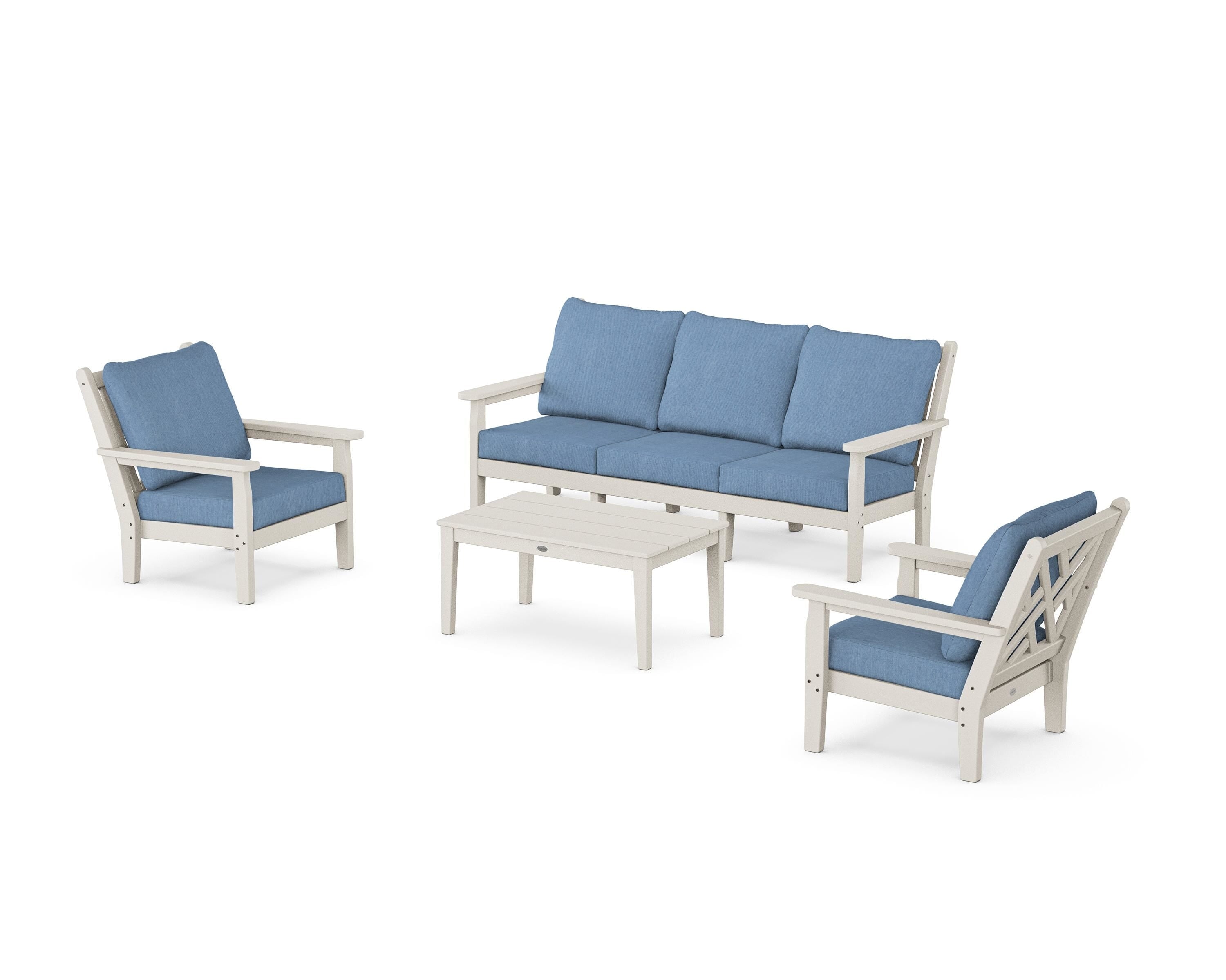 POLYWOOD Chippendale 4-Piece Deep Seating Set with Sofa in Sand / Sky Blue