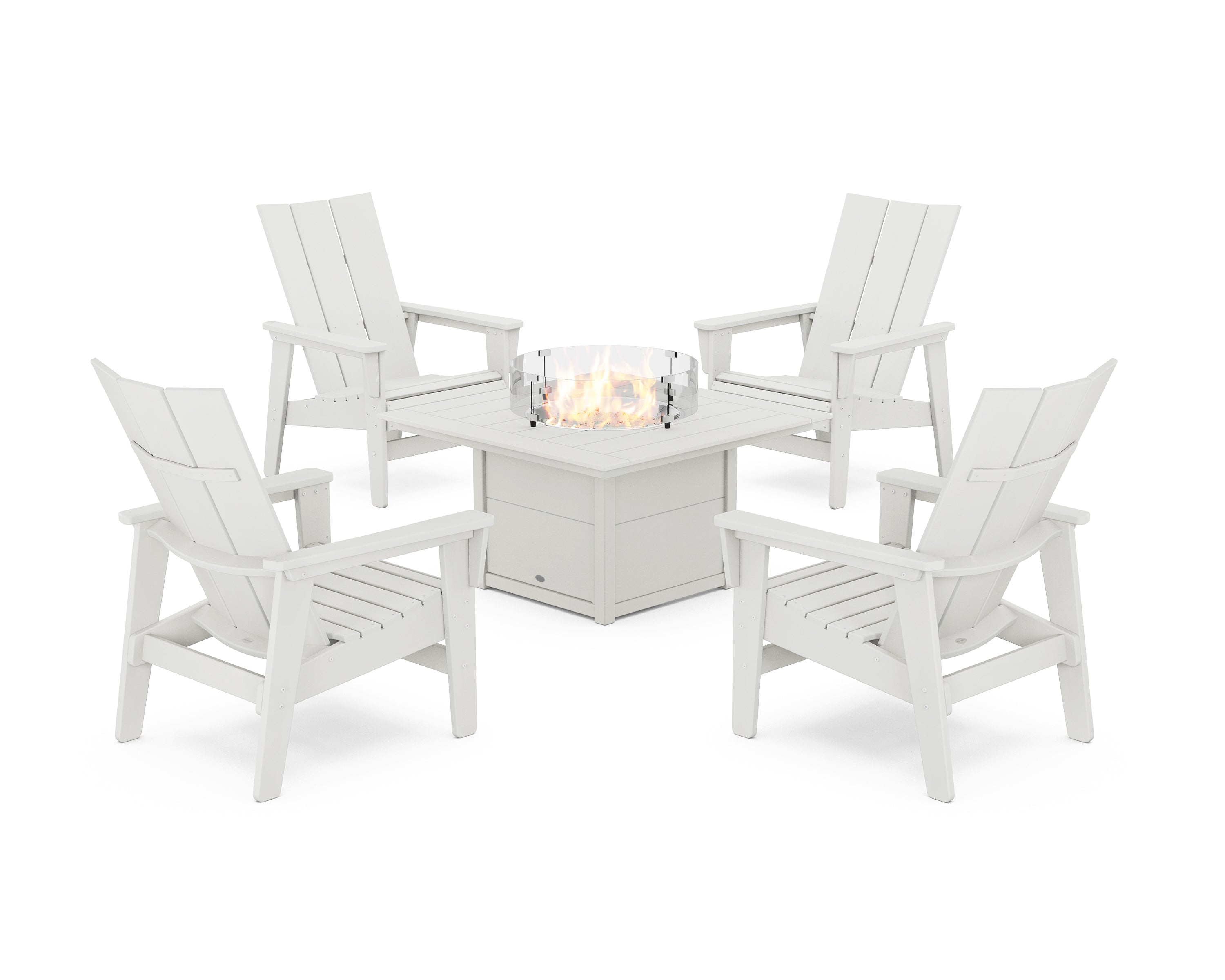 POLYWOOD 5-Piece Modern Grand Upright Adirondack Conversation Set with Fire Pit Table in Vintage White