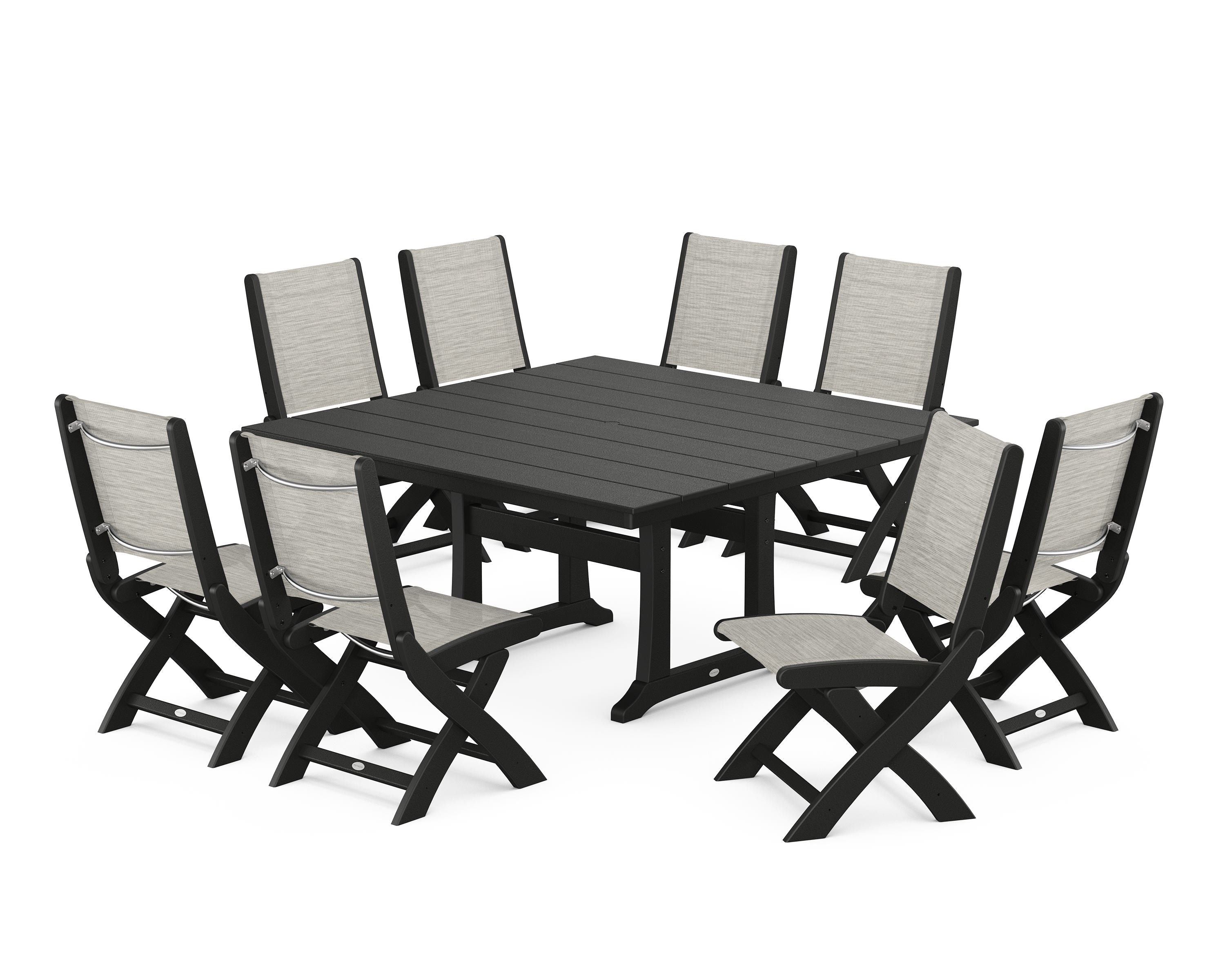 POLYWOOD Coastal Folding Side Chair 9-Piece Farmhouse Dining Set in Black / Birch Sling