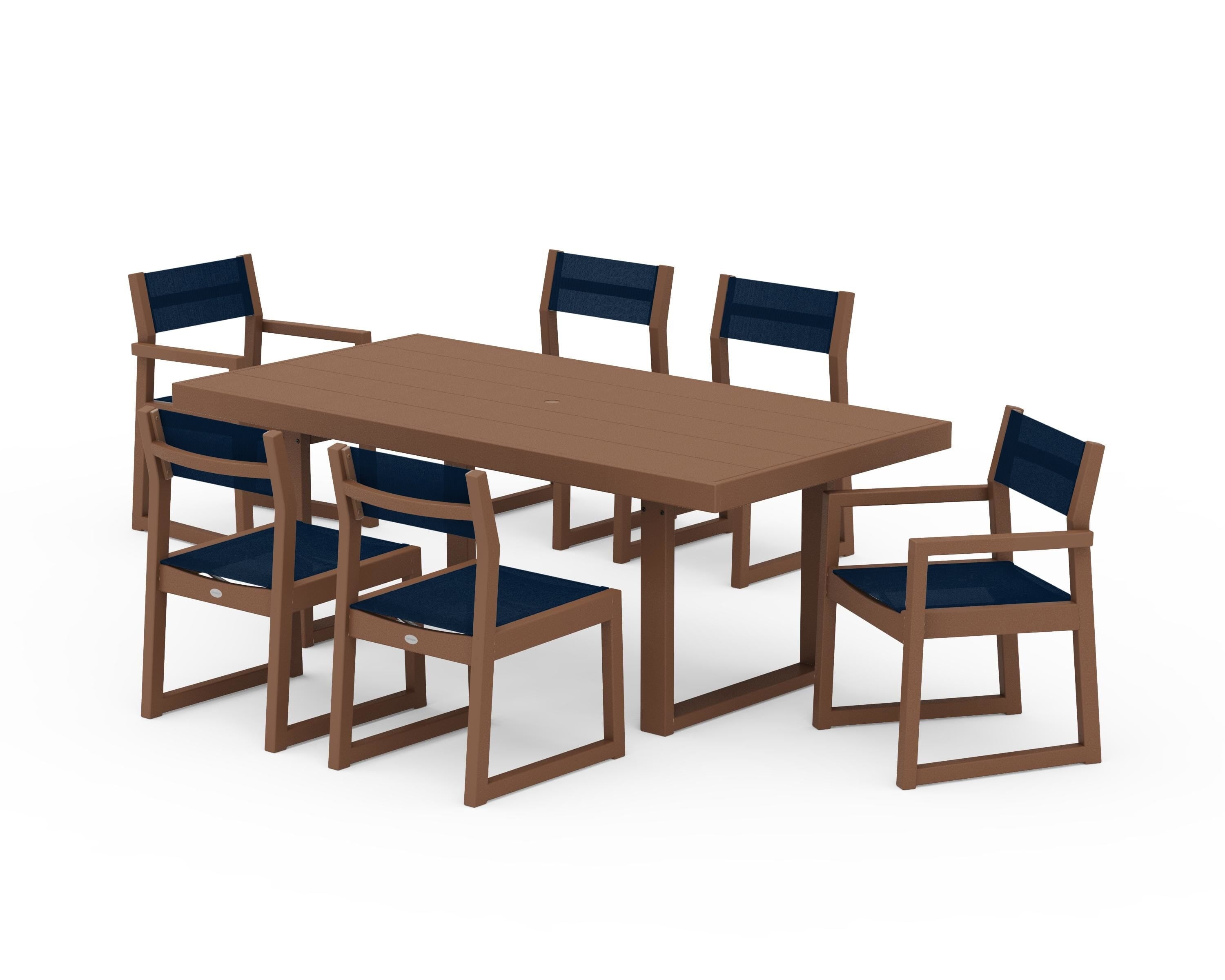POLYWOOD EDGE Sling 7-Piece Dining Set in Teak / Navy Blue Sling