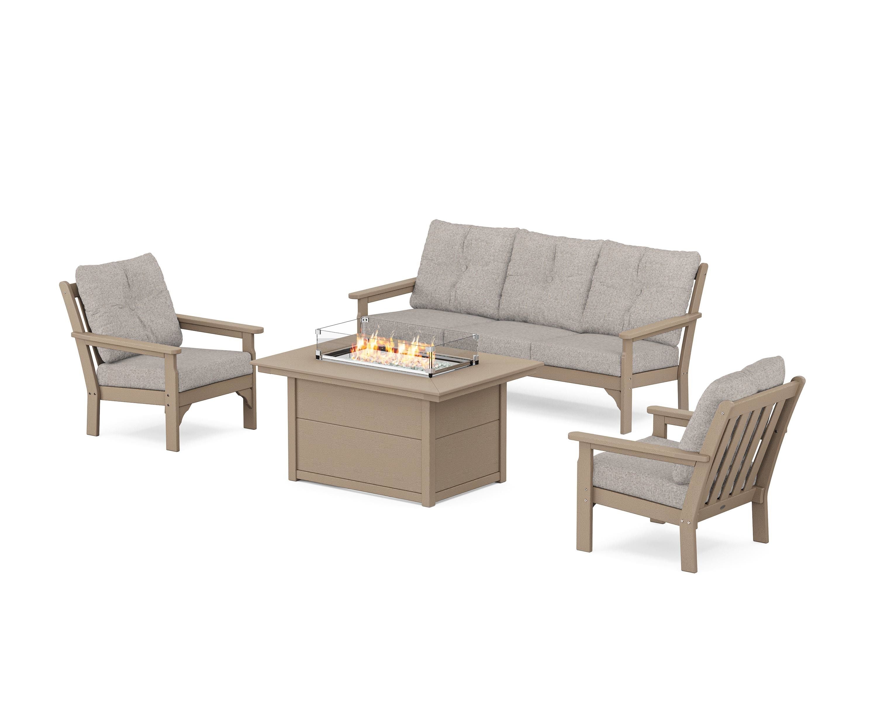 POLYWOOD Vineyard Deep Seating Fire Pit Table Set in Vintage Sahara / Weathered Tweed