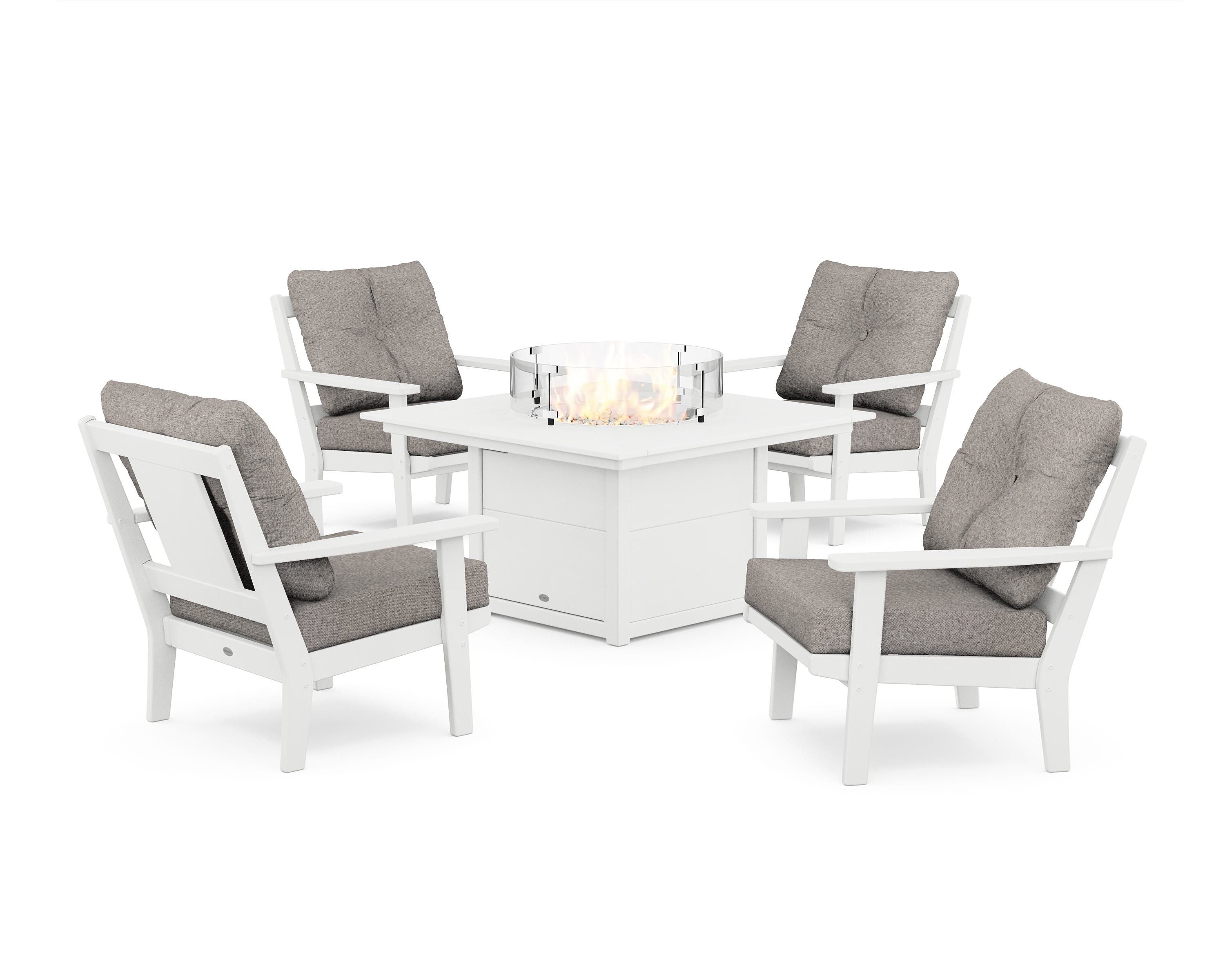 POLYWOOD Prairie 5-Piece Deep Seating Set with Fire Pit Table in White / Weathered Tweed