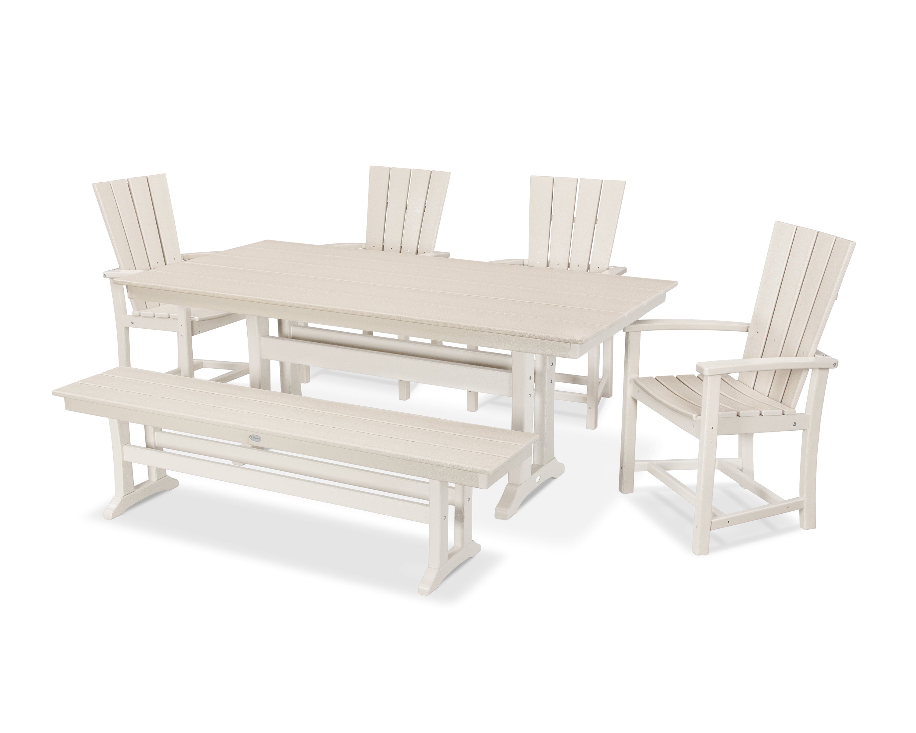 POLYWOOD Quattro 6-Piece Farmhouse Dining Set with Trestle Legs and Bench in Sand
