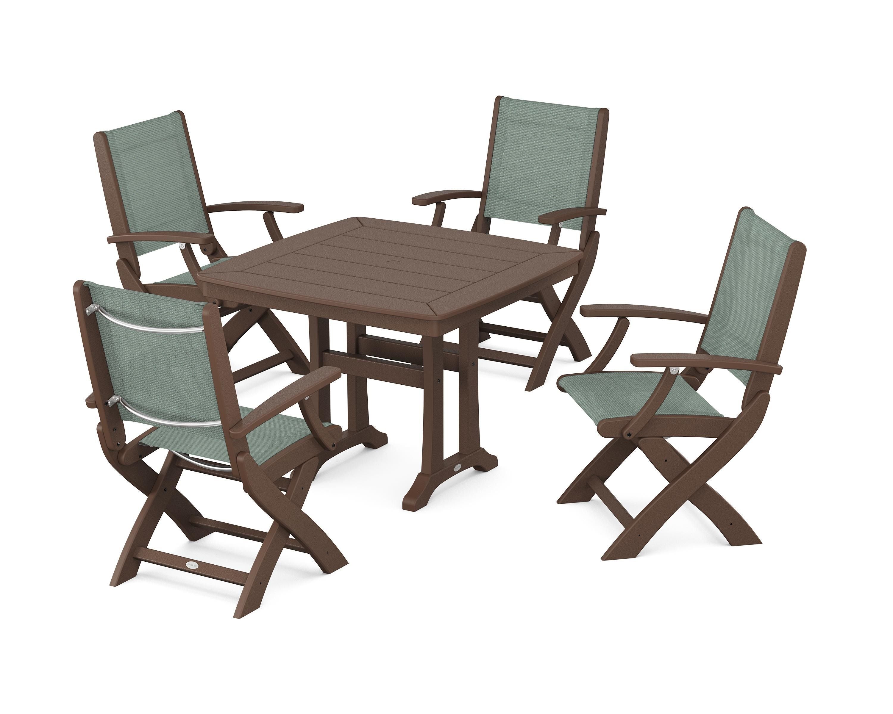 POLYWOOD Coastal Folding Chair 5-Piece Dining Set with Trestle Legs in Mahogany / Dupioni Sea Mist Sling