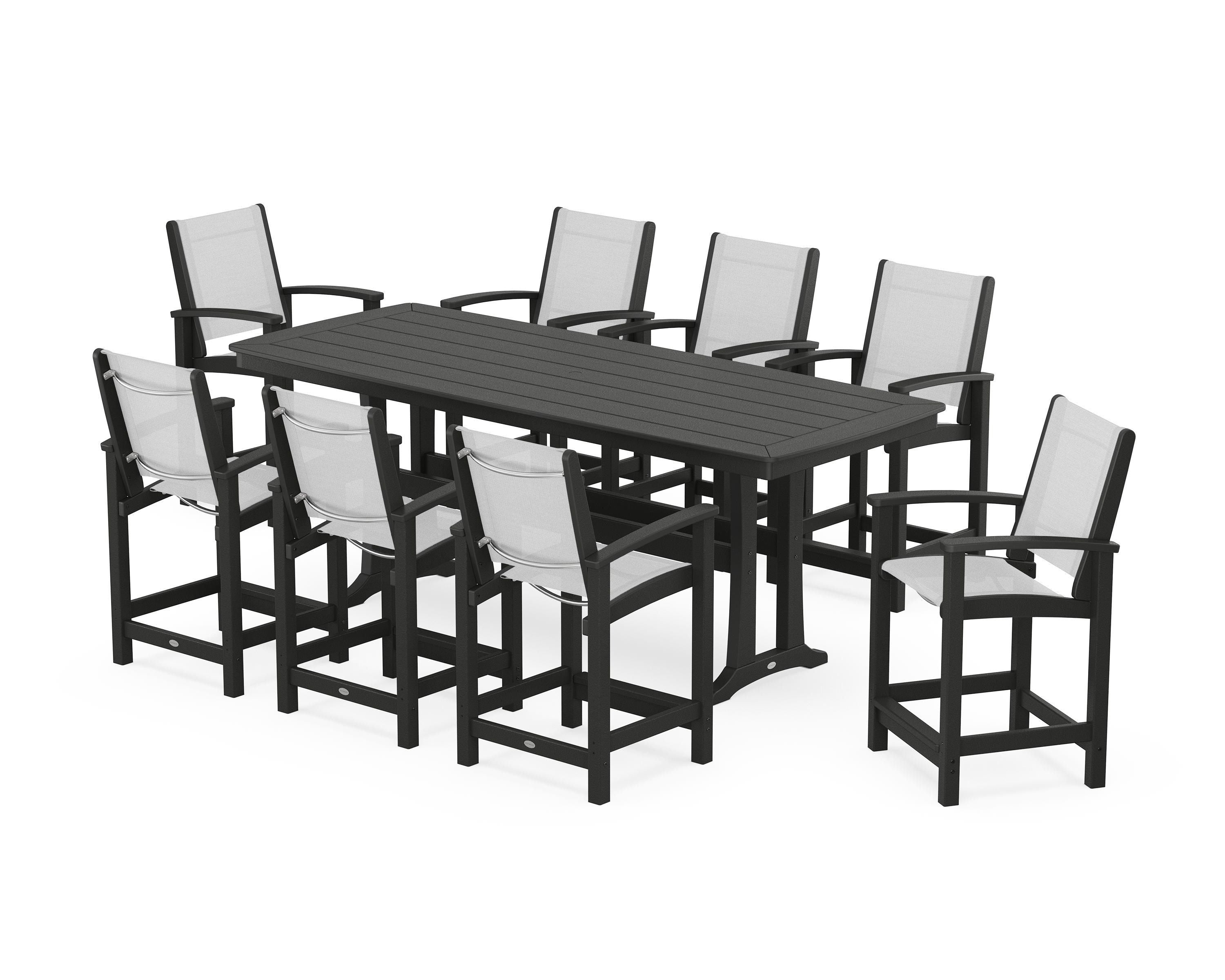 POLYWOOD Coastal 9-Piece Counter Set with Trestle Legs in Black / White Sling