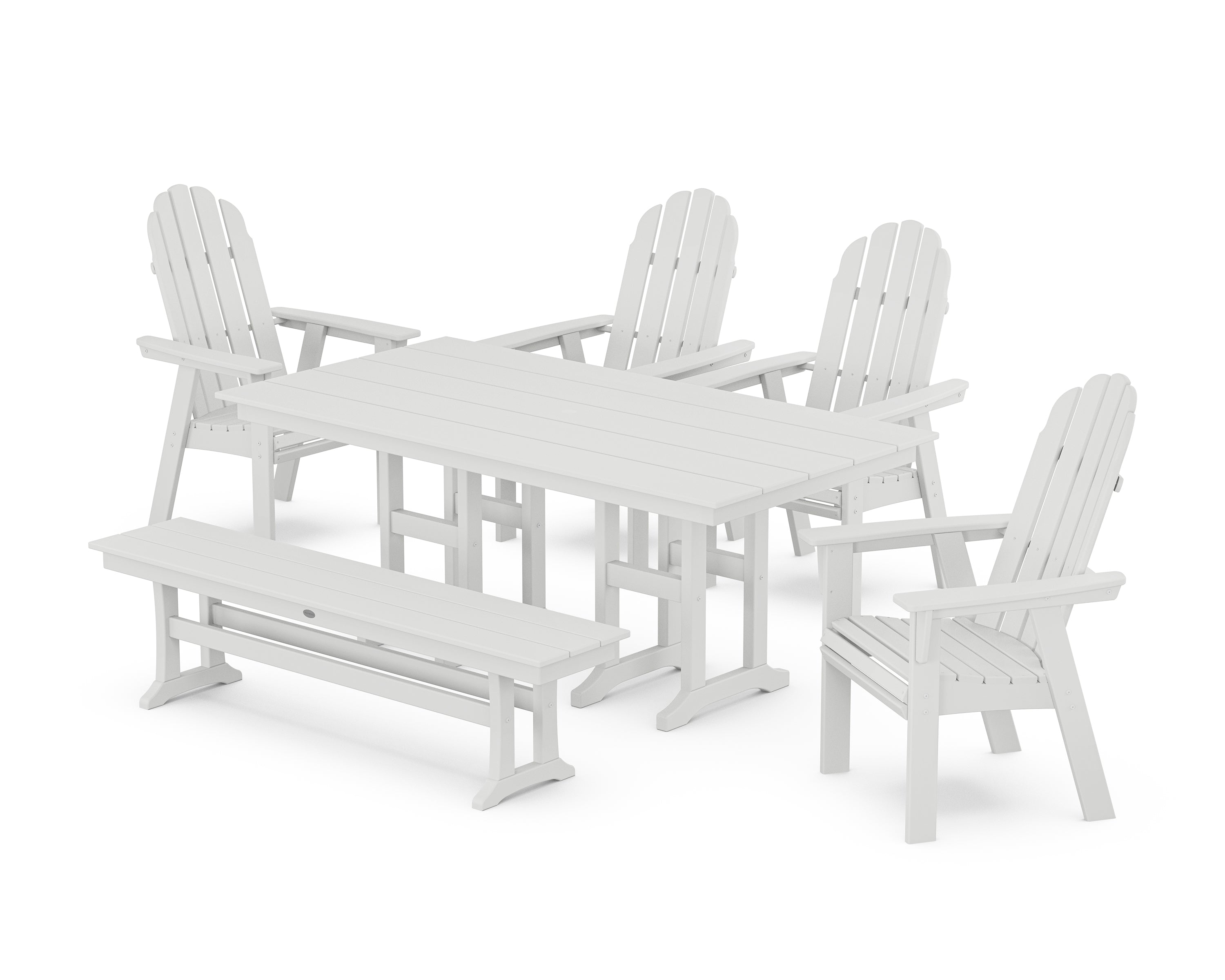 POLYWOOD Vineyard Curveback Adirondack Chair 6-Piece Farmhouse Dining Set with Bench in White