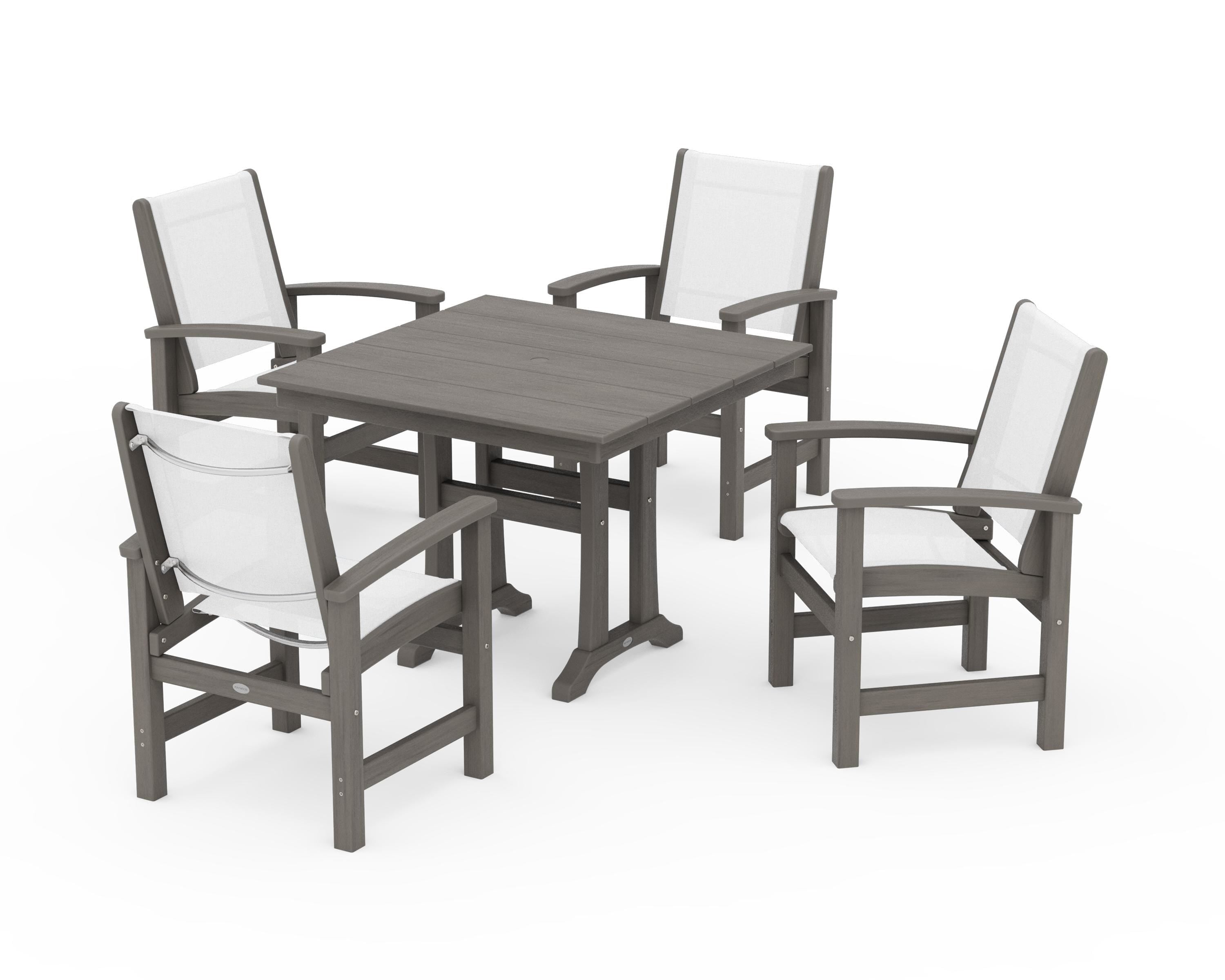 POLYWOOD Coastal 5-Piece Farmhouse Dining Set With Trestle Legs in Driftwood / White Sling