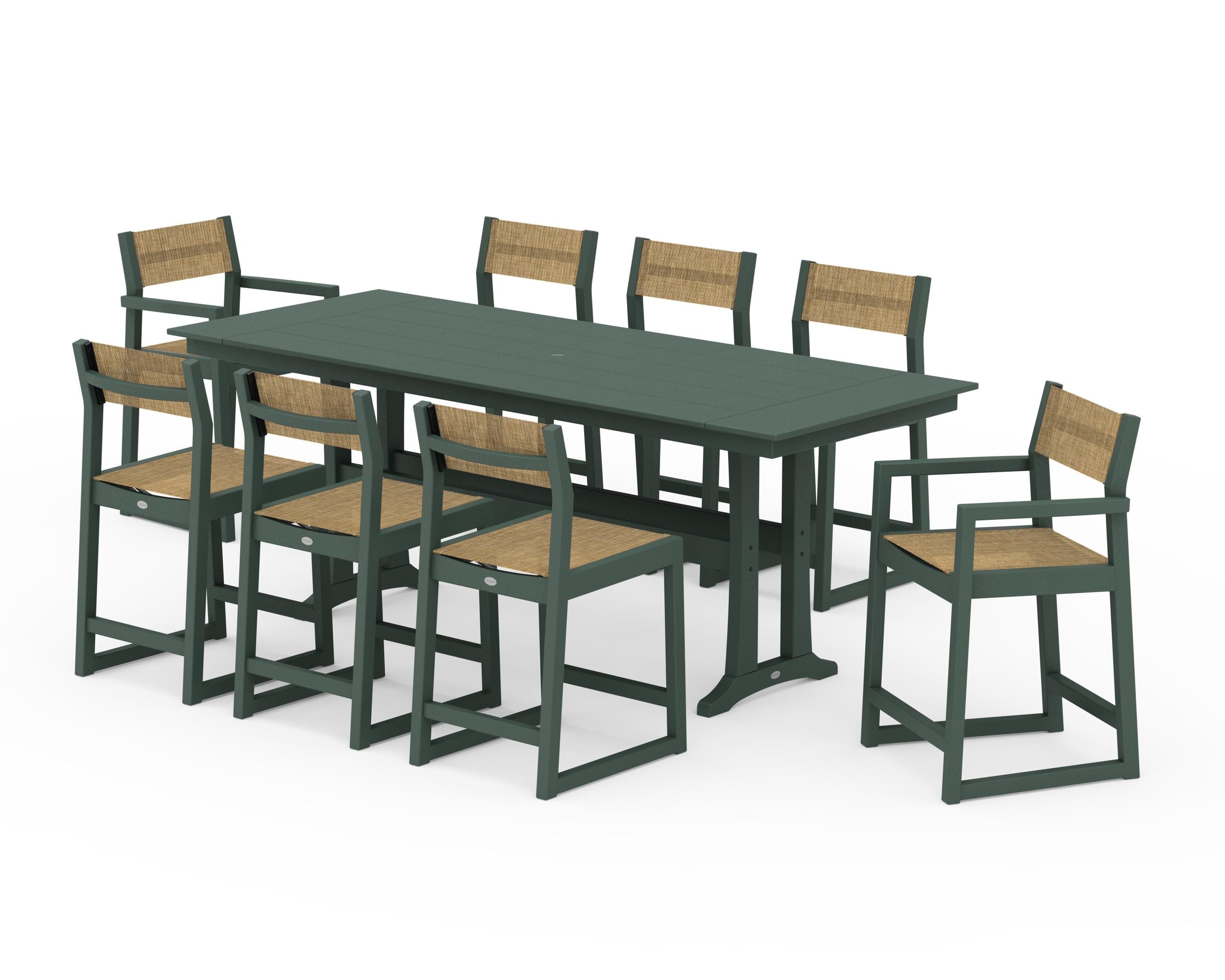 POLYWOOD EDGE Sling 9-Piece Farmhouse Counter Set with Trestle Legs in Green / Burlap Sling