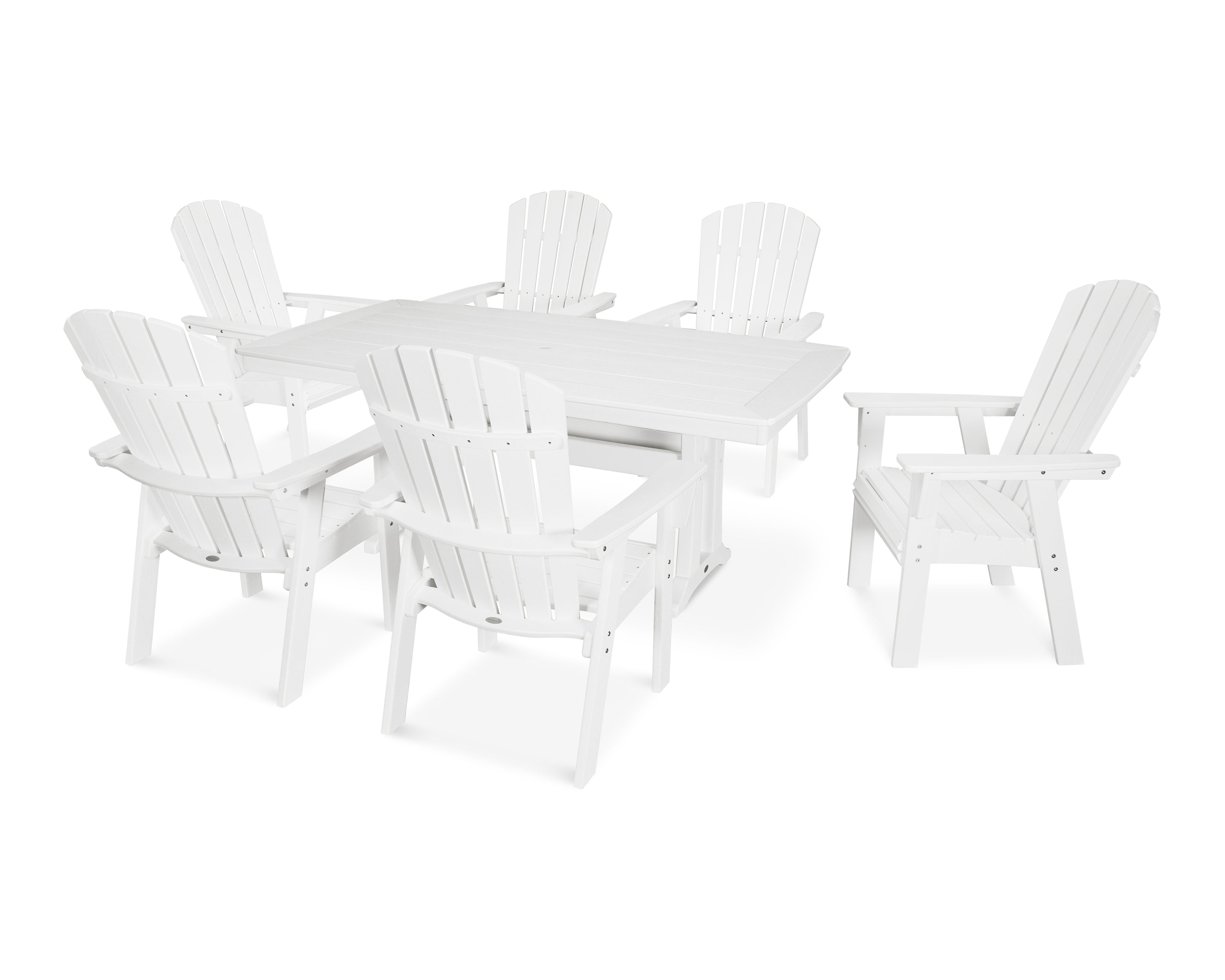 POLYWOOD® Nautical Curveback Adirondack 7-Piece Dining Set with Trestle Legs in Vintage White