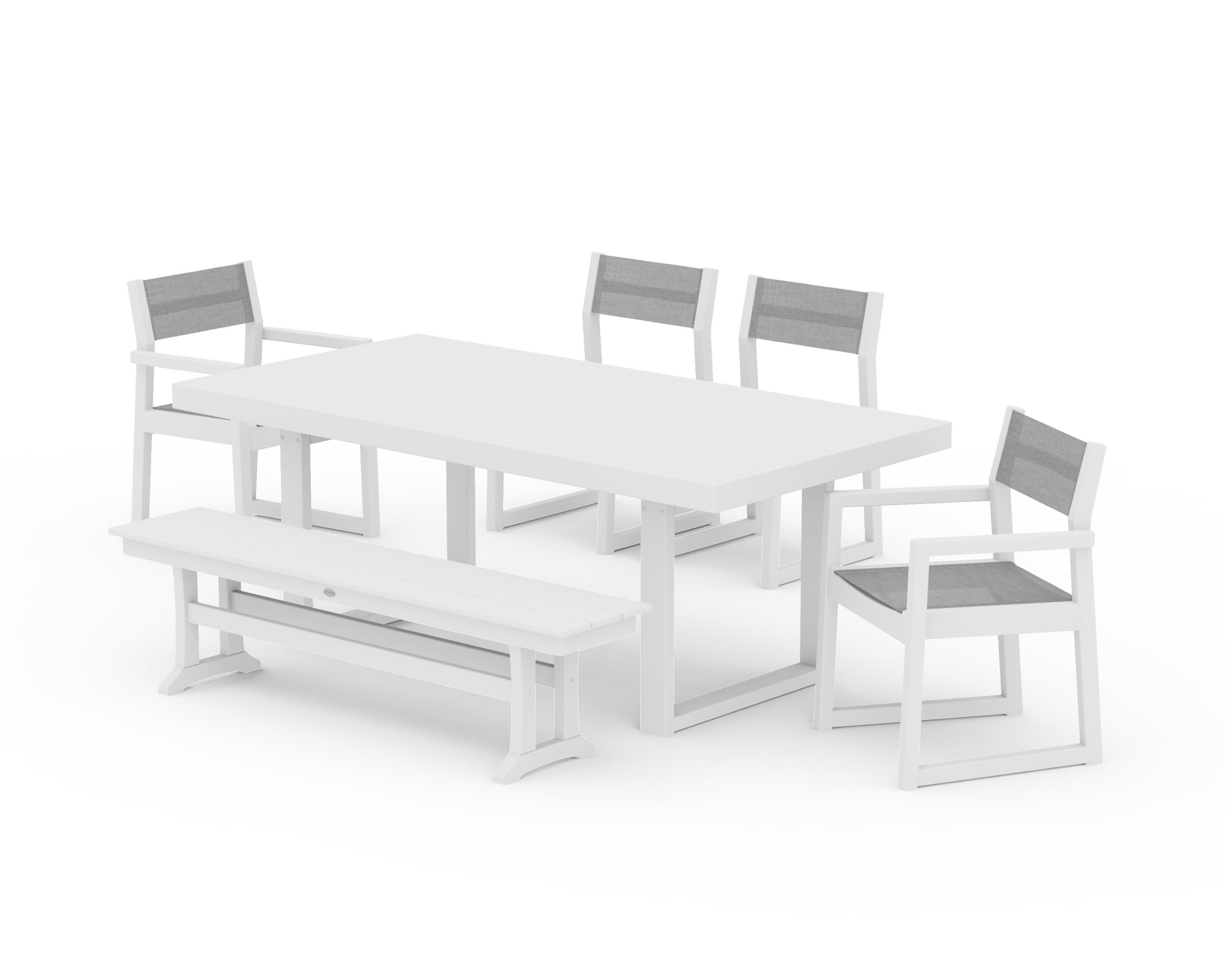 POLYWOOD EDGE Sling 6-Piece Dining Set with Bench in White / Metallic Sling