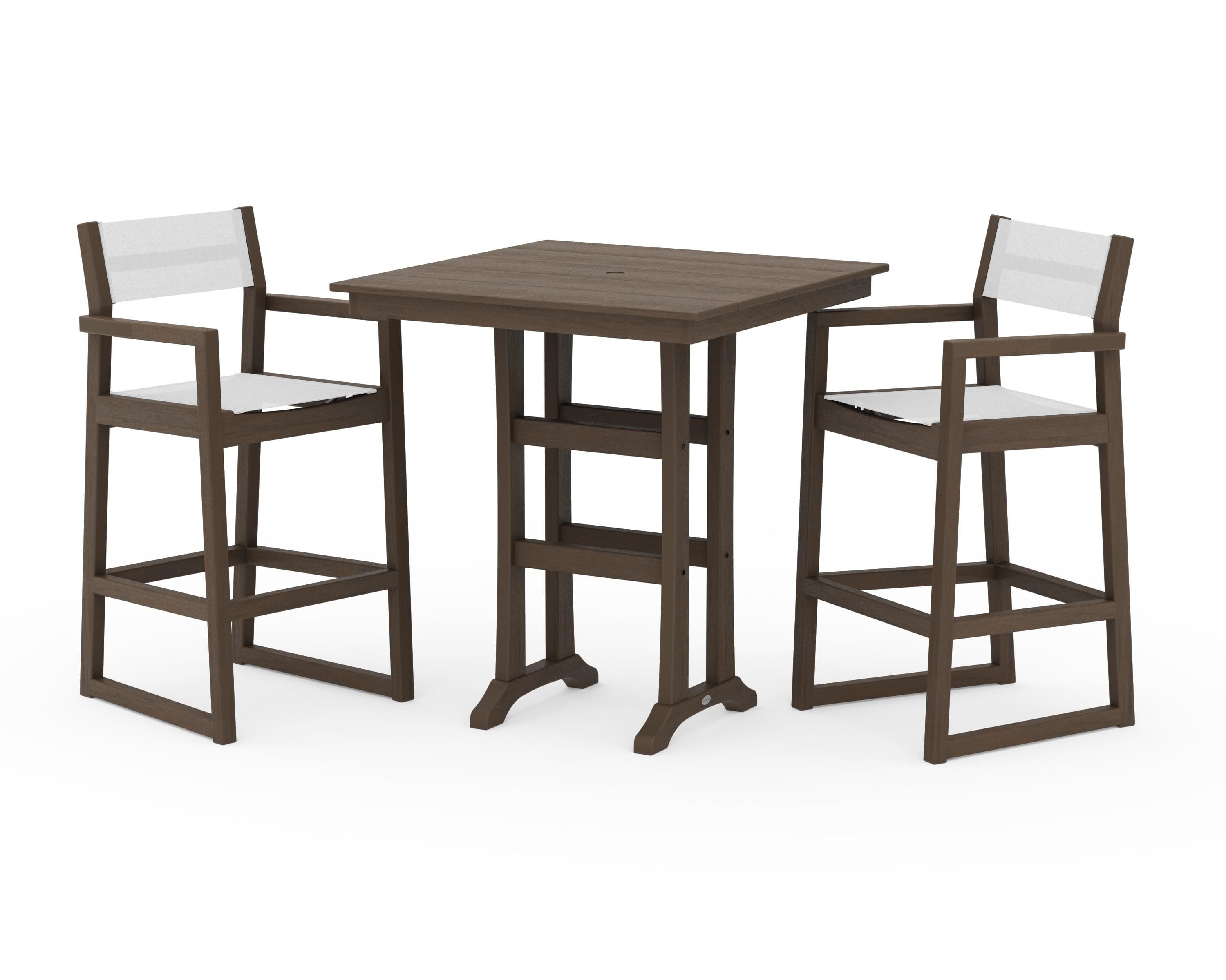 POLYWOOD EDGE Sling Arm Chair 3-Piece Farmhouse Bar Set with Trestle Legs in Kona / White Sling