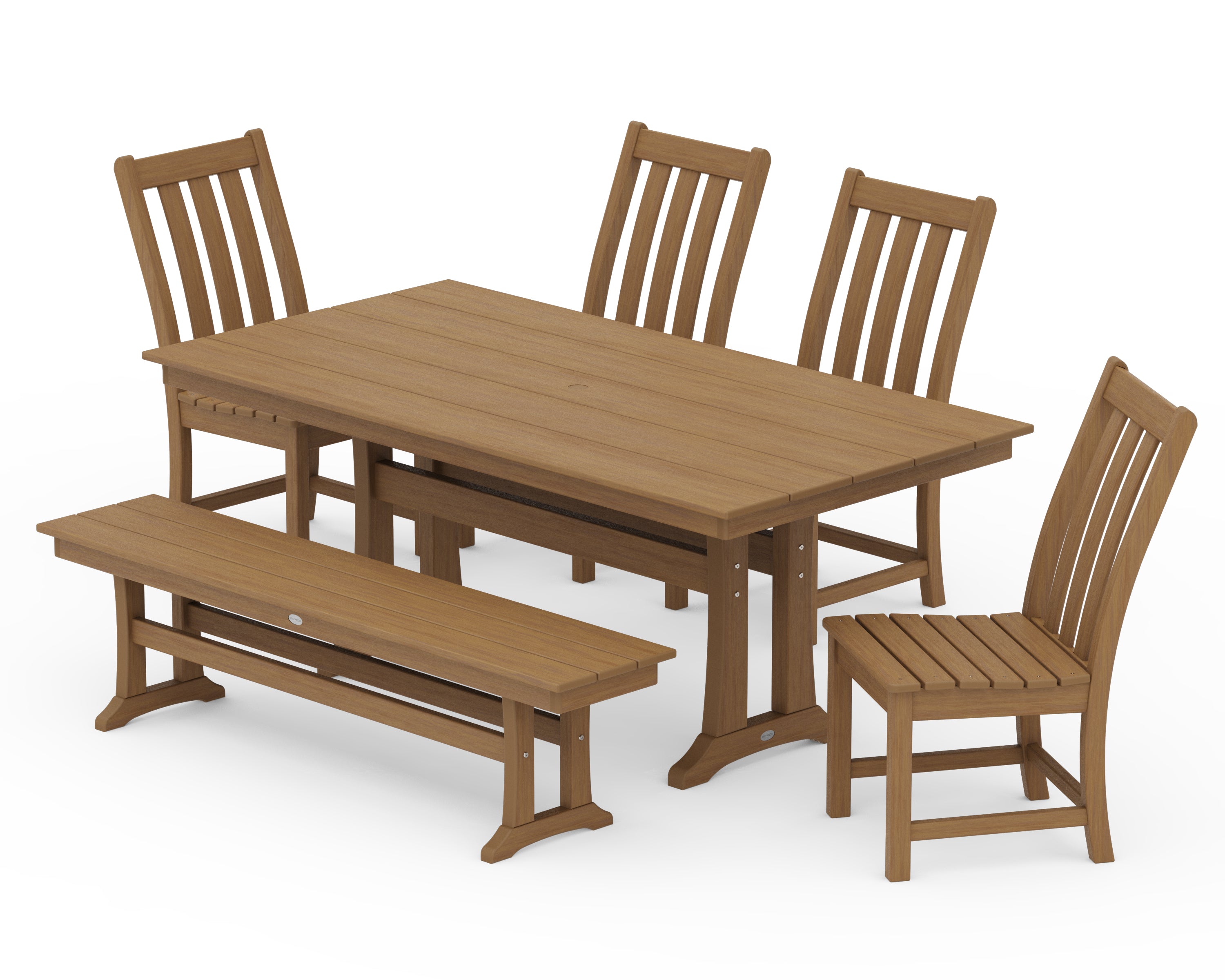 POLYWOOD Vineyard Side Chair 6-Piece Farmhouse Dining Set with Trestle Legs and Bench in Natural