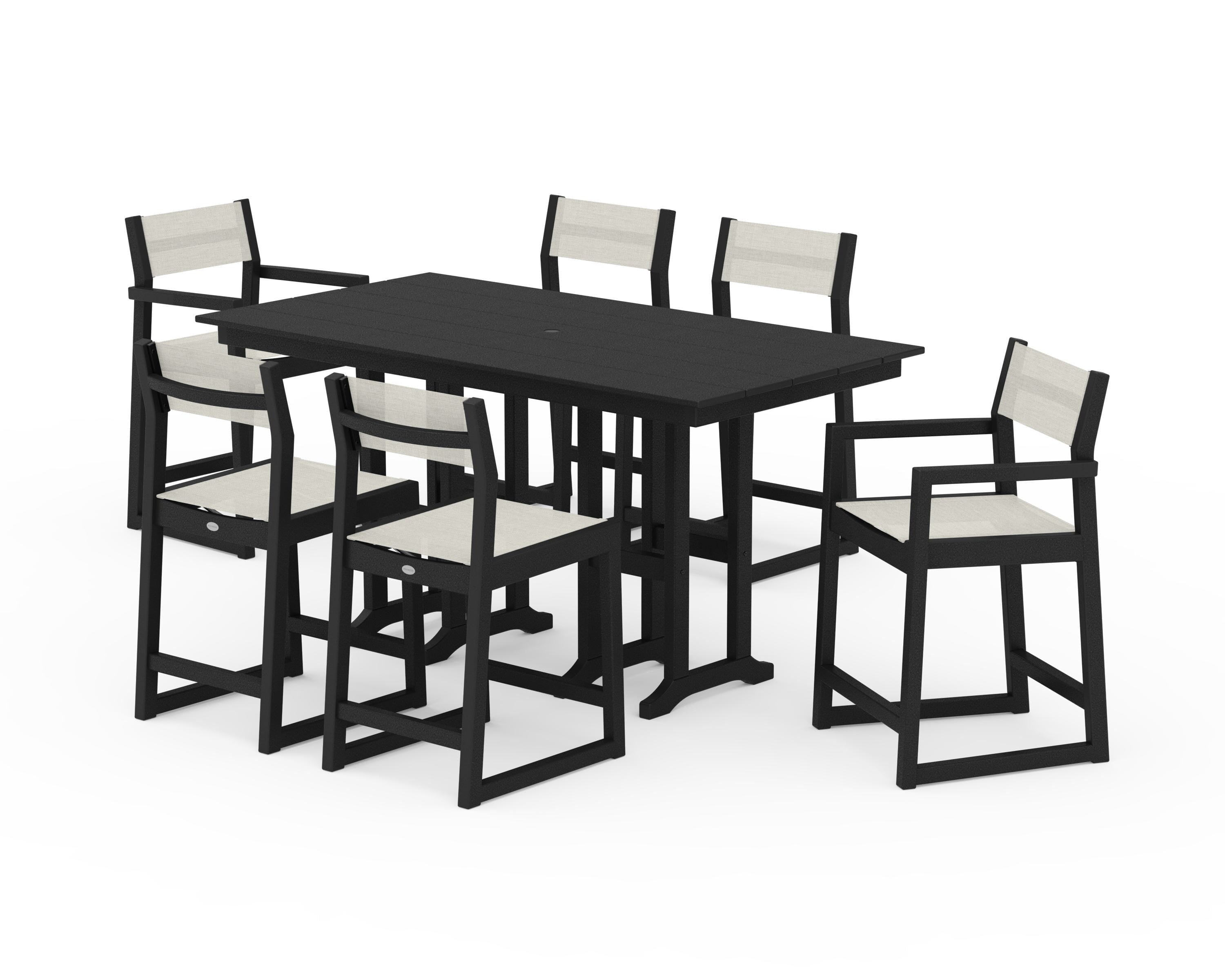 POLYWOOD EDGE Sling 7-Piece Farmhouse Counter Set with Trestle Legs in Black / Parchment Sling