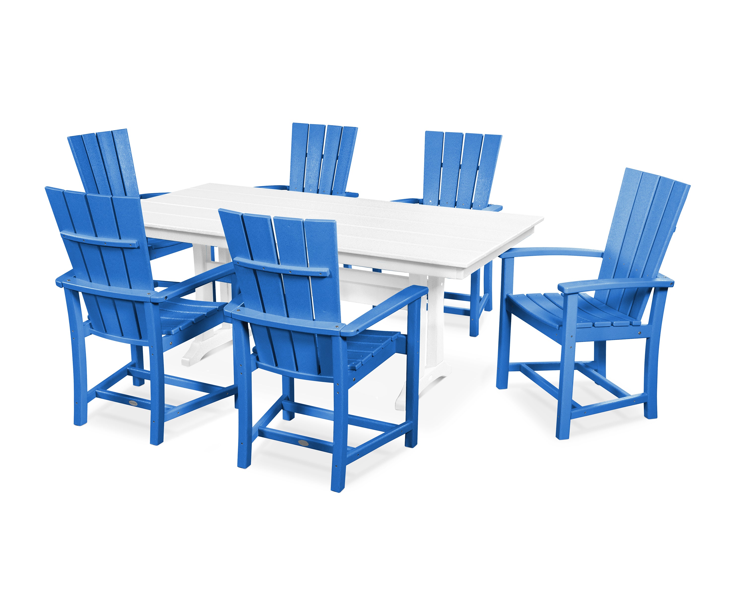 POLYWOOD Quattro 7-Piece Farmhouse Dining Set with Trestle Legs in Pacific Blue / White