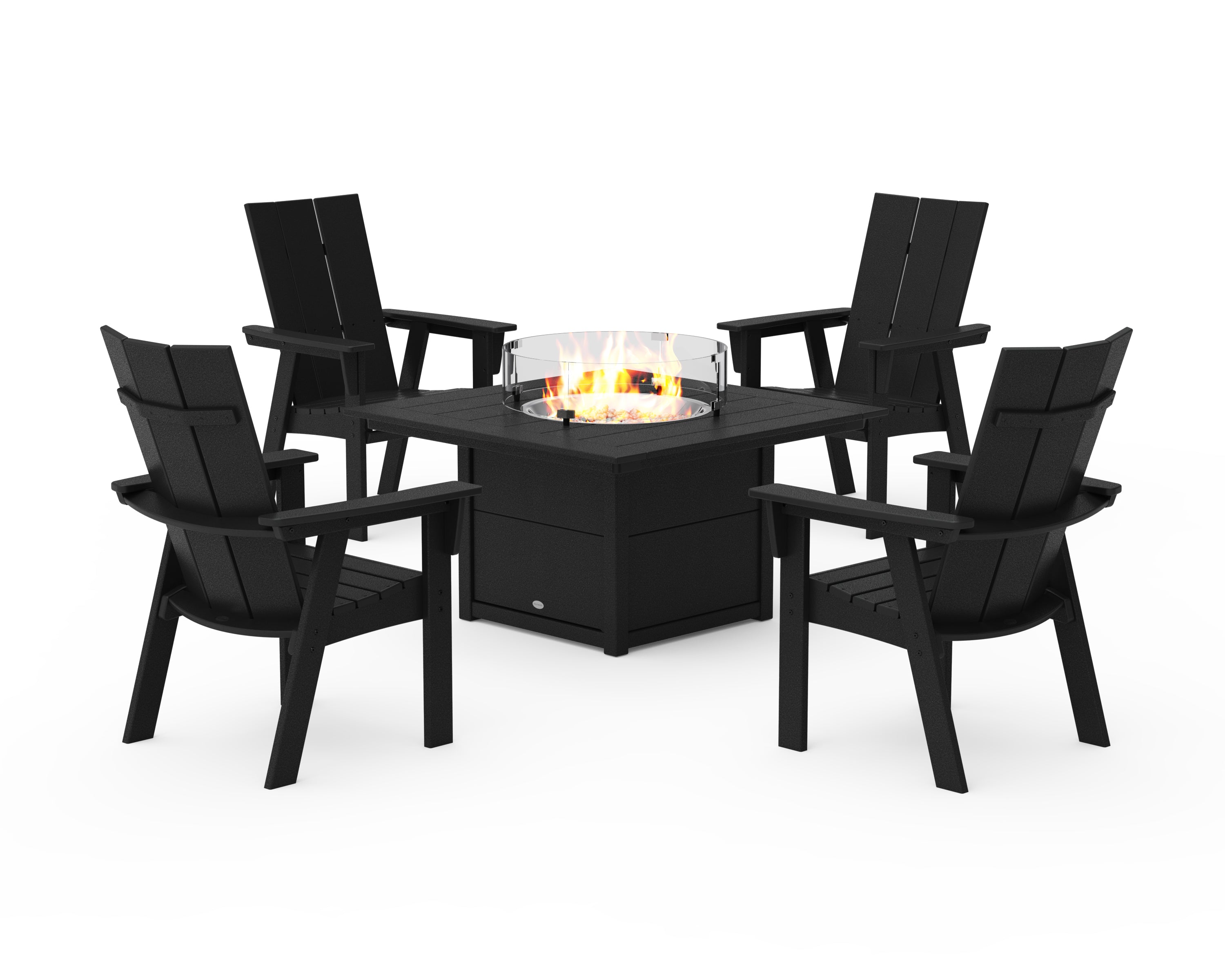 POLYWOOD Modern 4-Piece Curveback Upright Adirondack Conversation Set with Fire Pit Table in Black