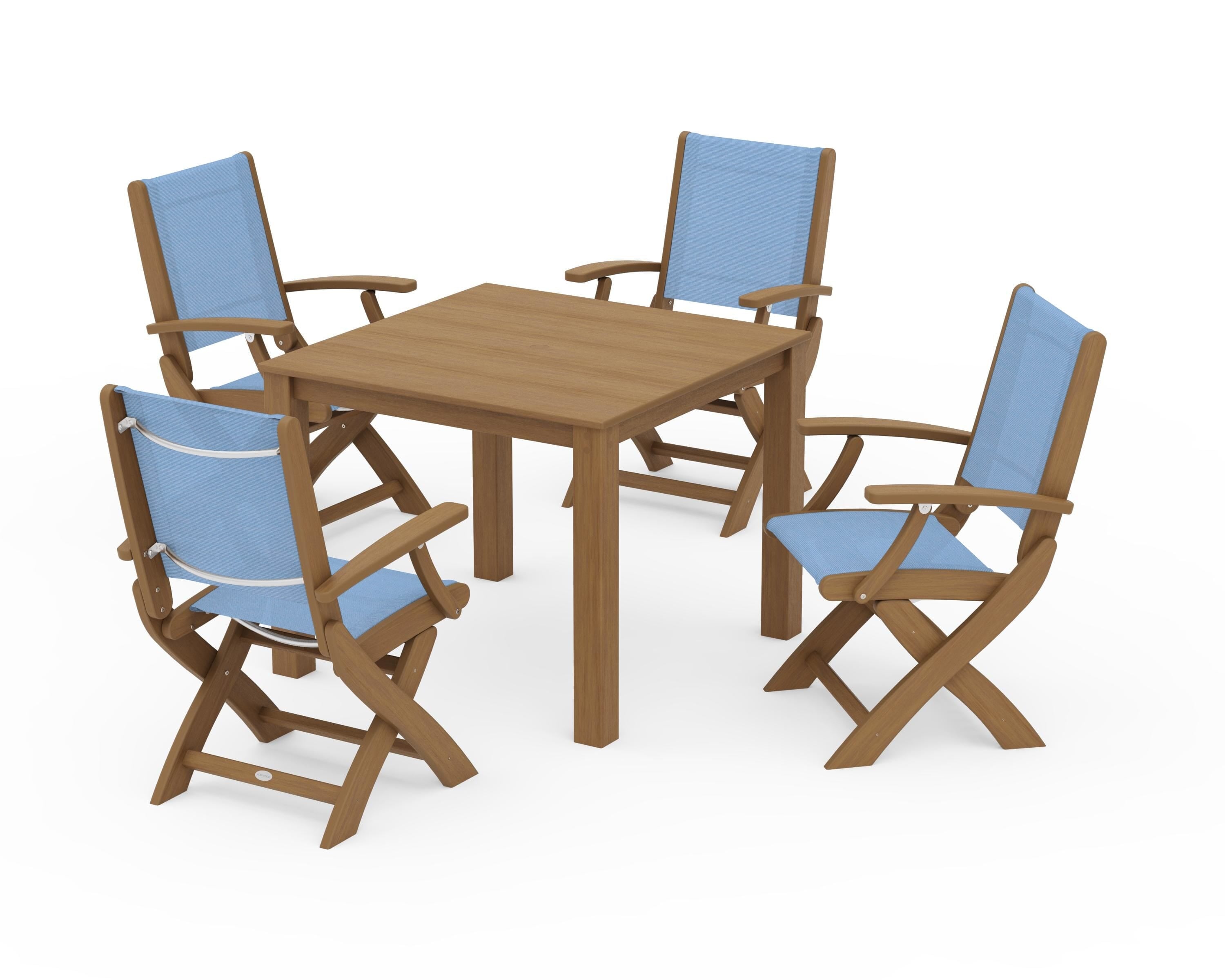 POLYWOOD Coastal Folding Chair 5-Piece Parsons Dining Set in Natural / Poolside Sling