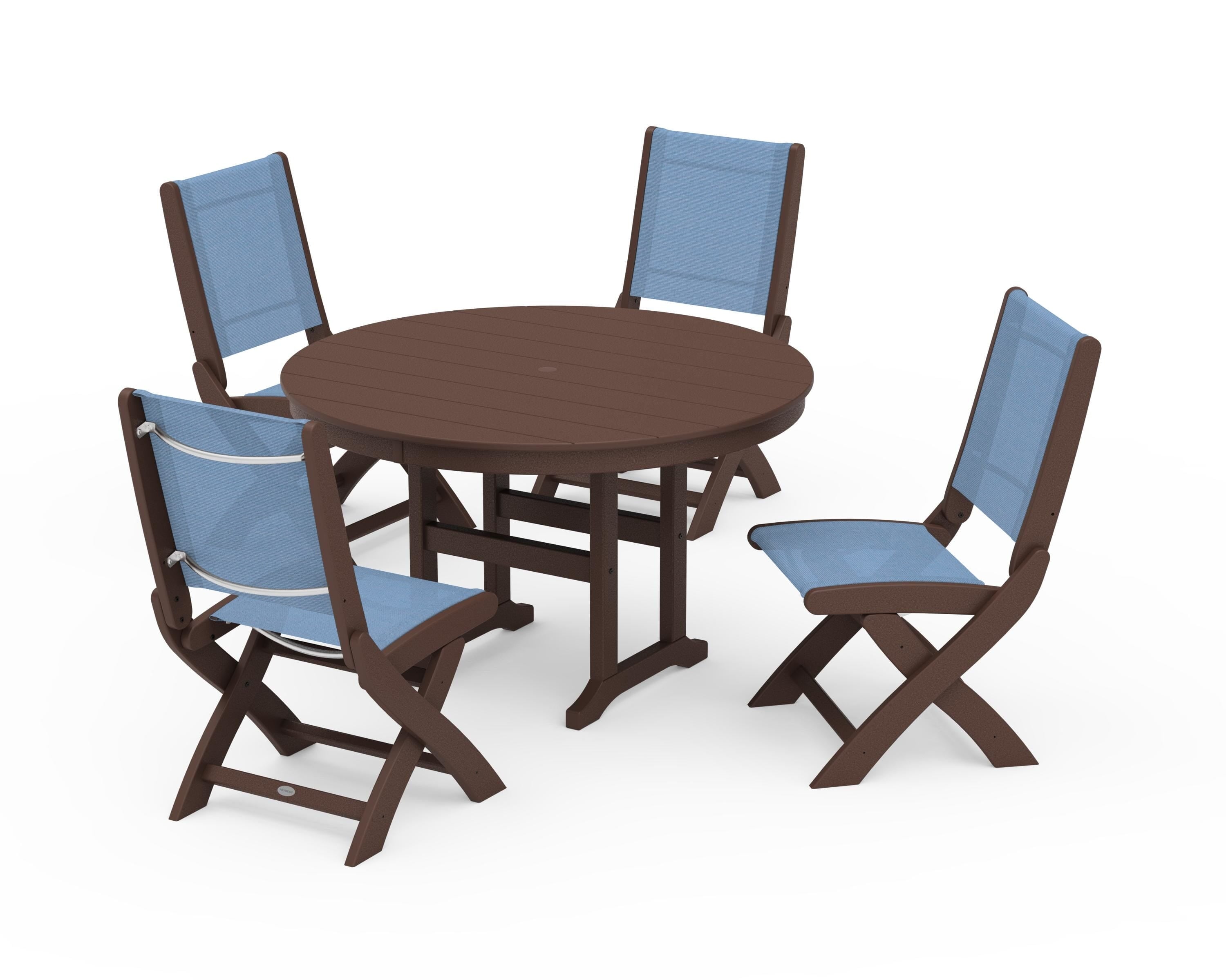 POLYWOOD Coastal Folding Side Chair 5-Piece Round Dining Set in Mahogany / Poolside Sling