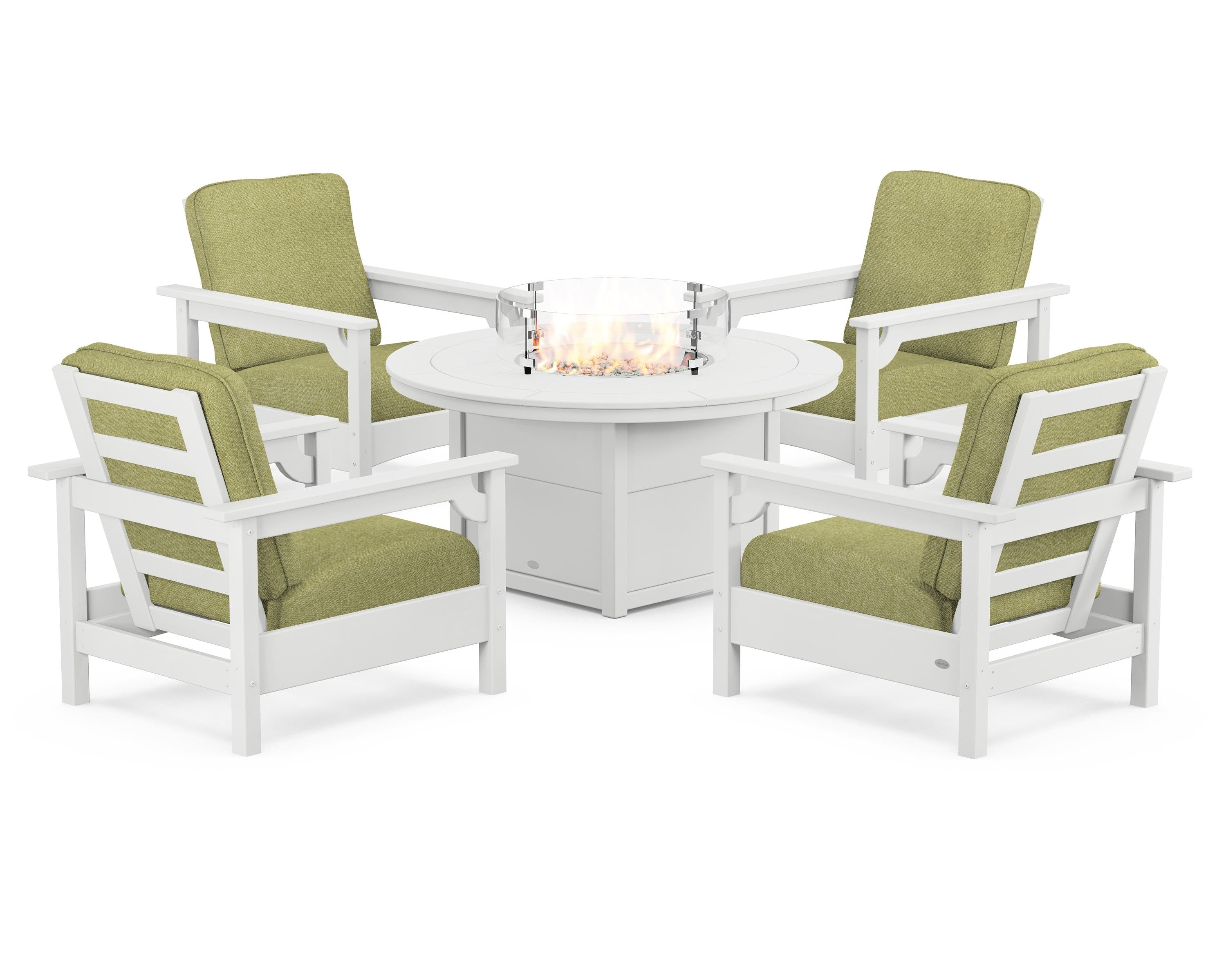 POLYWOOD Club 5-Piece Conversation Set with Fire Pit Table in White / Chartreuse Boucle