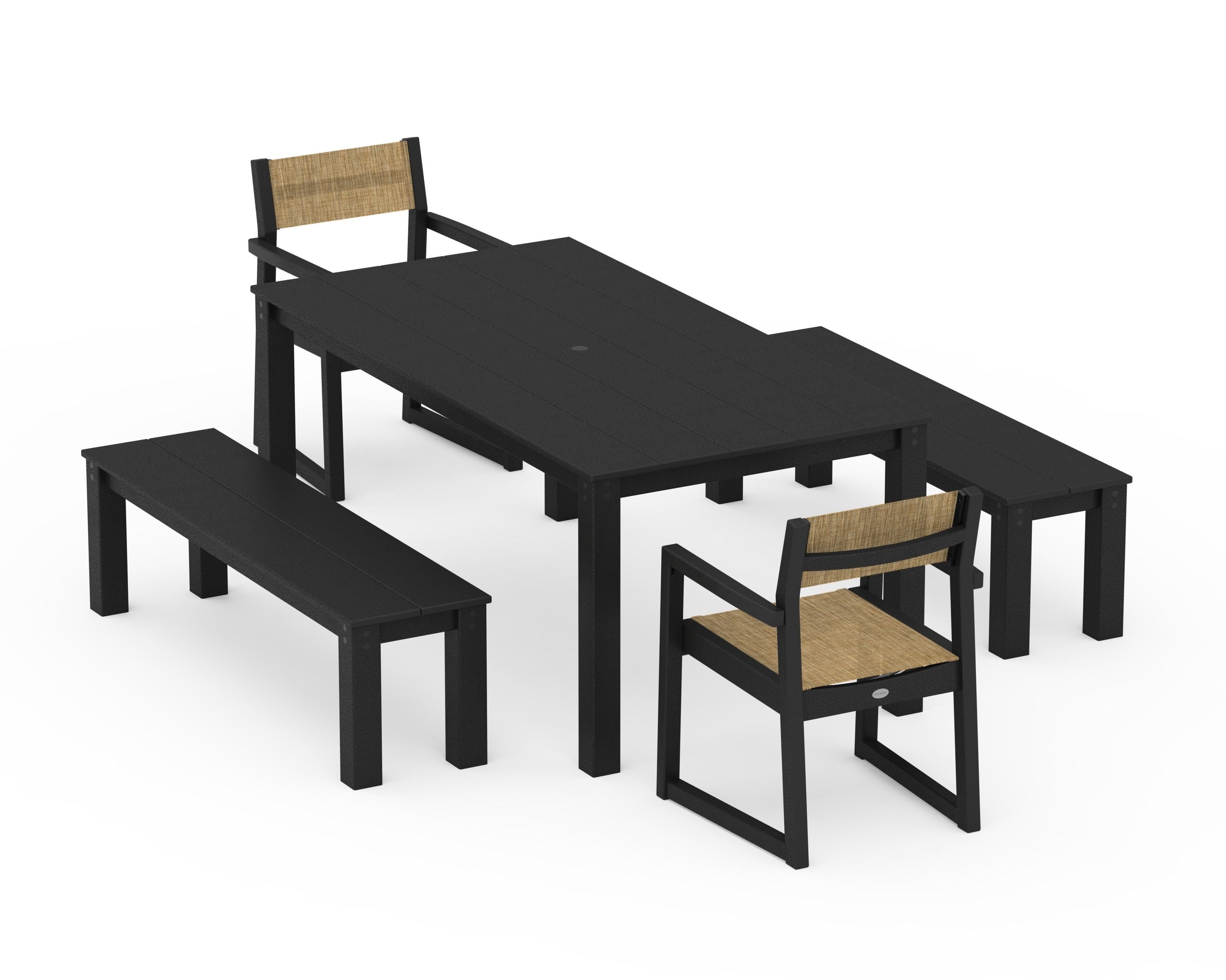 POLYWOOD EDGE Sling Arm Chair 5-Piece Parsons Dining Set with Benches in Black / Burlap Sling