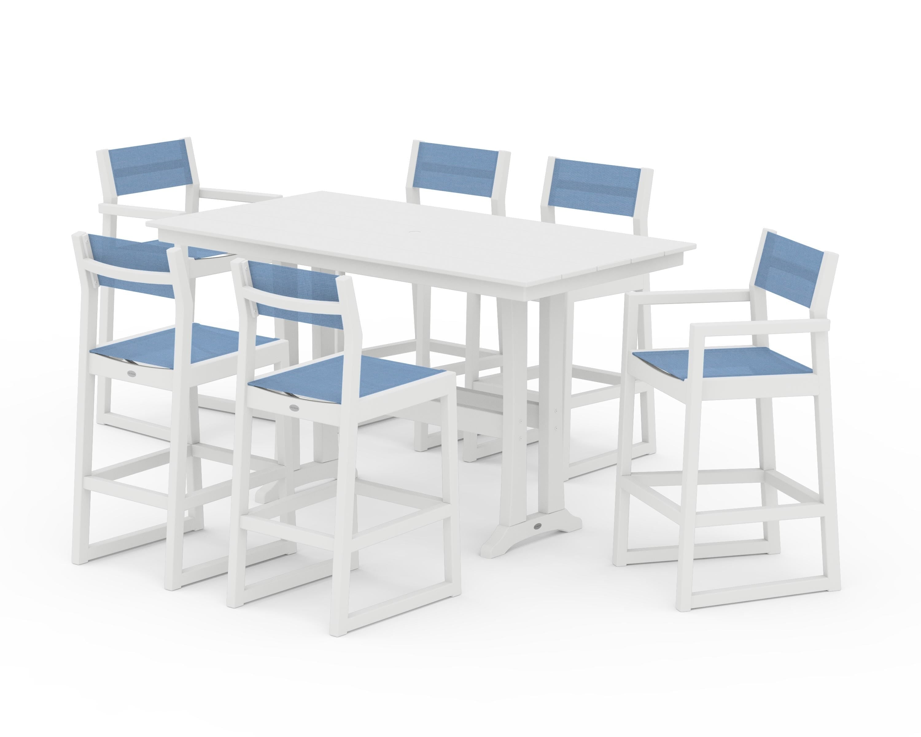 POLYWOOD EDGE Sling 7-Piece Farmhouse Bar Set with Trestle Legs in White / Poolside Sling
