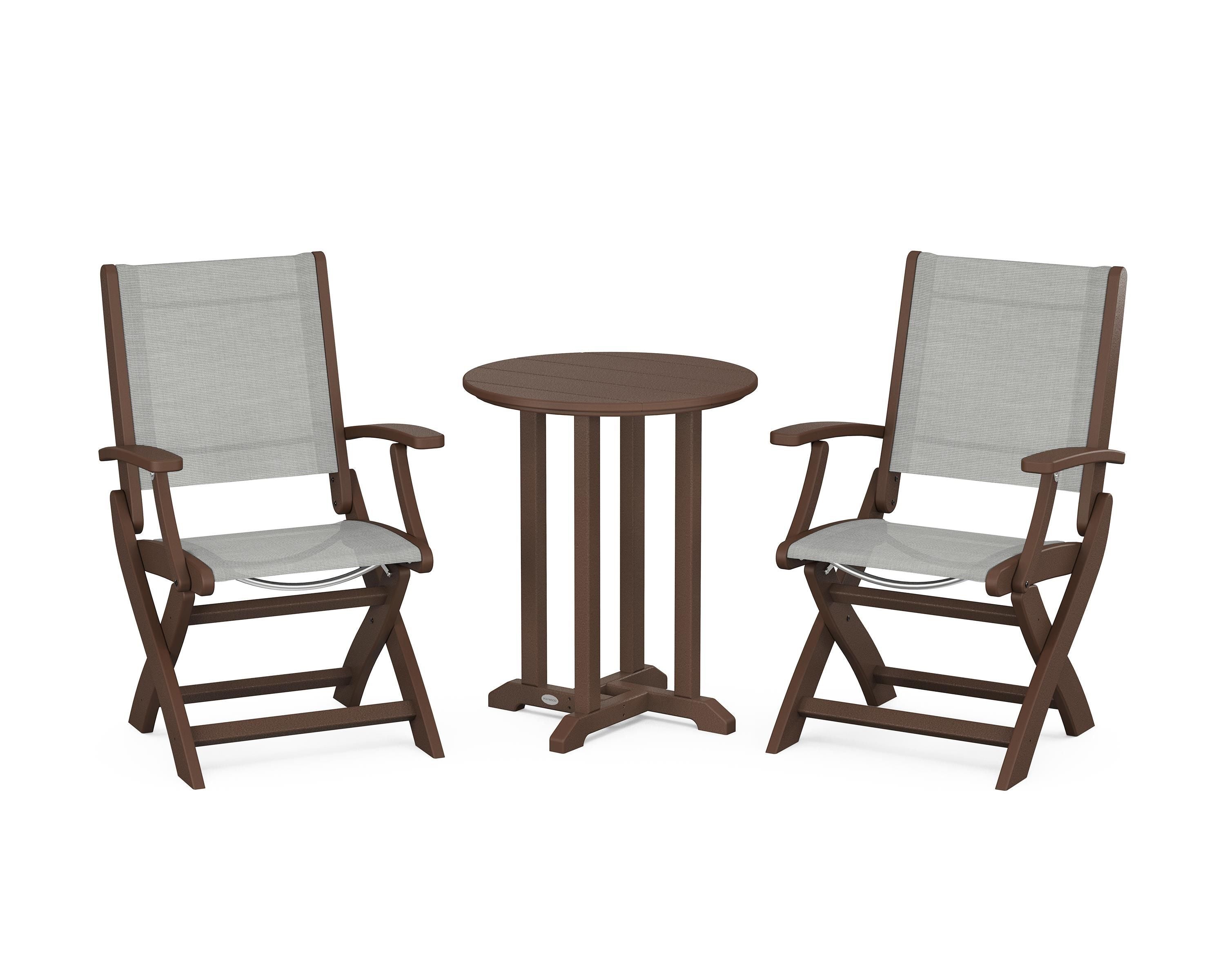 POLYWOOD Coastal Folding 3-Piece Round Bistro Dining Set in Mahogany / Metallic Sling
