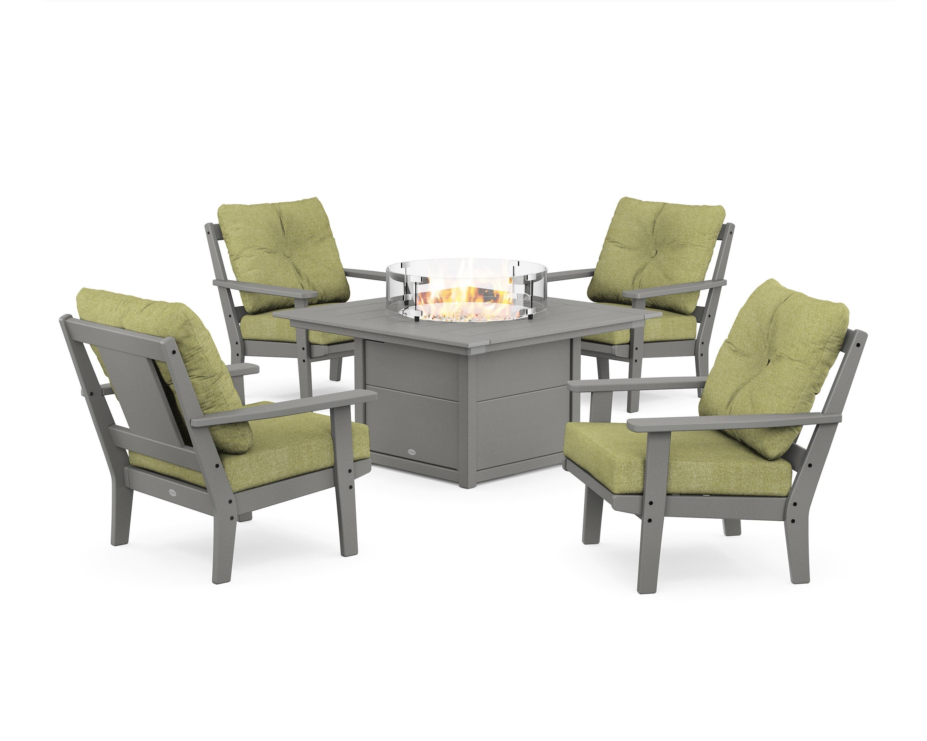 POLYWOOD Prairie 5-Piece Deep Seating Set with Fire Pit Table in Slate Grey / Chartreuse Boucle