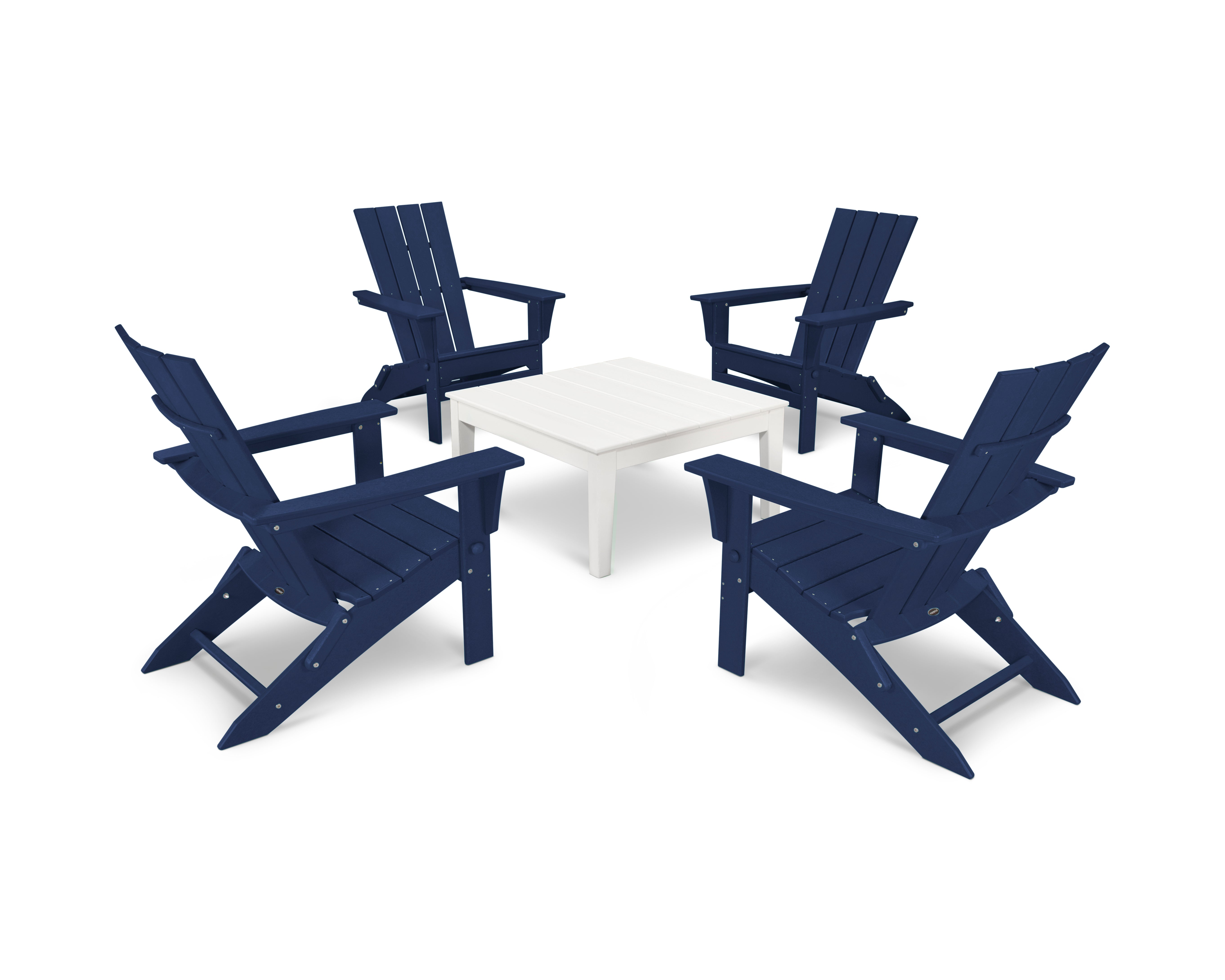POLYWOOD Quattro Folding Chair 5-Piece Conversation Set in Navy / White