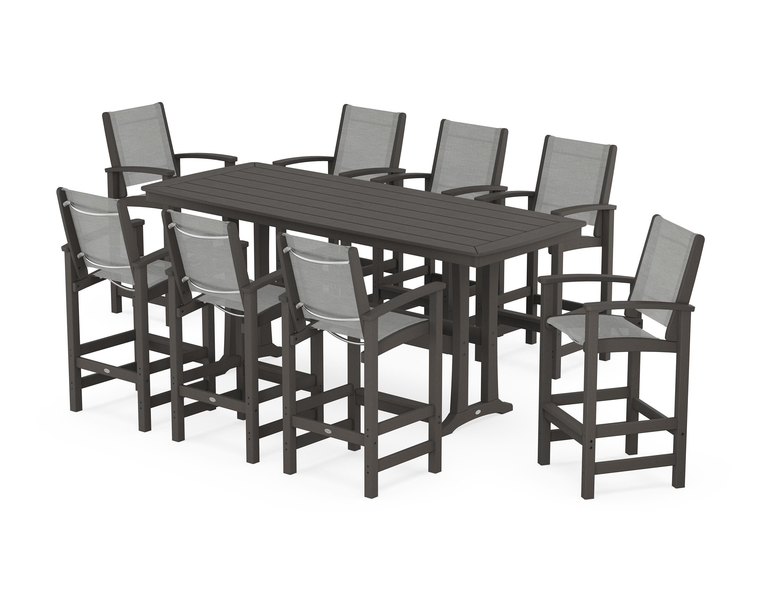 POLYWOOD Coastal 9-Piece Bar Set with Trestle Legs in Vintage Coffee / Metallic Sling