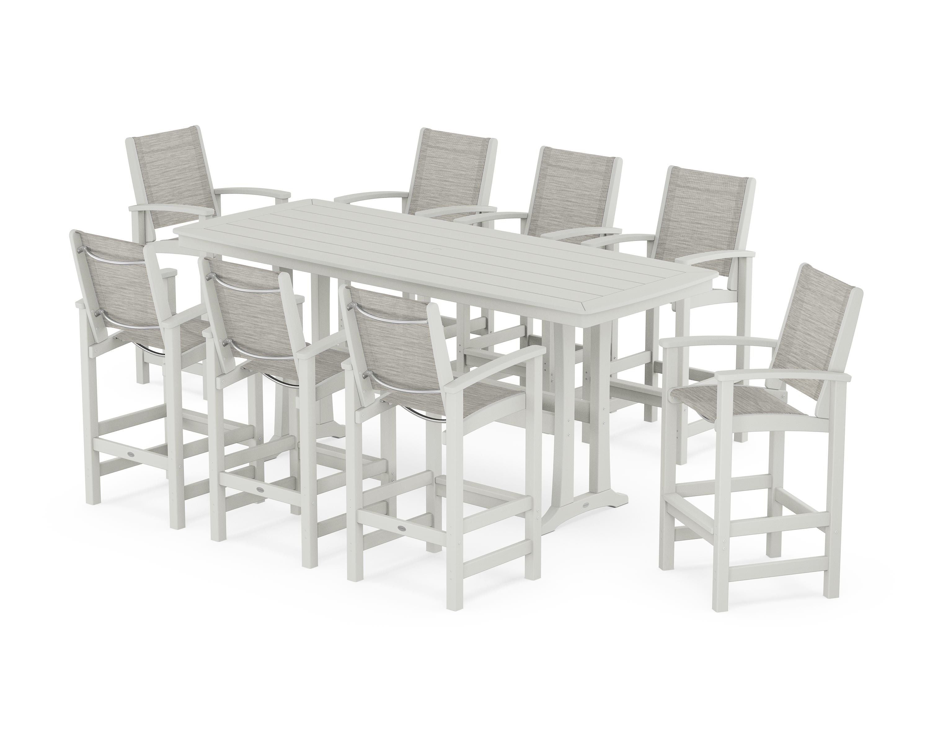 POLYWOOD Coastal 9-Piece Bar Set with Trestle Legs in Vintage White / Birch Sling