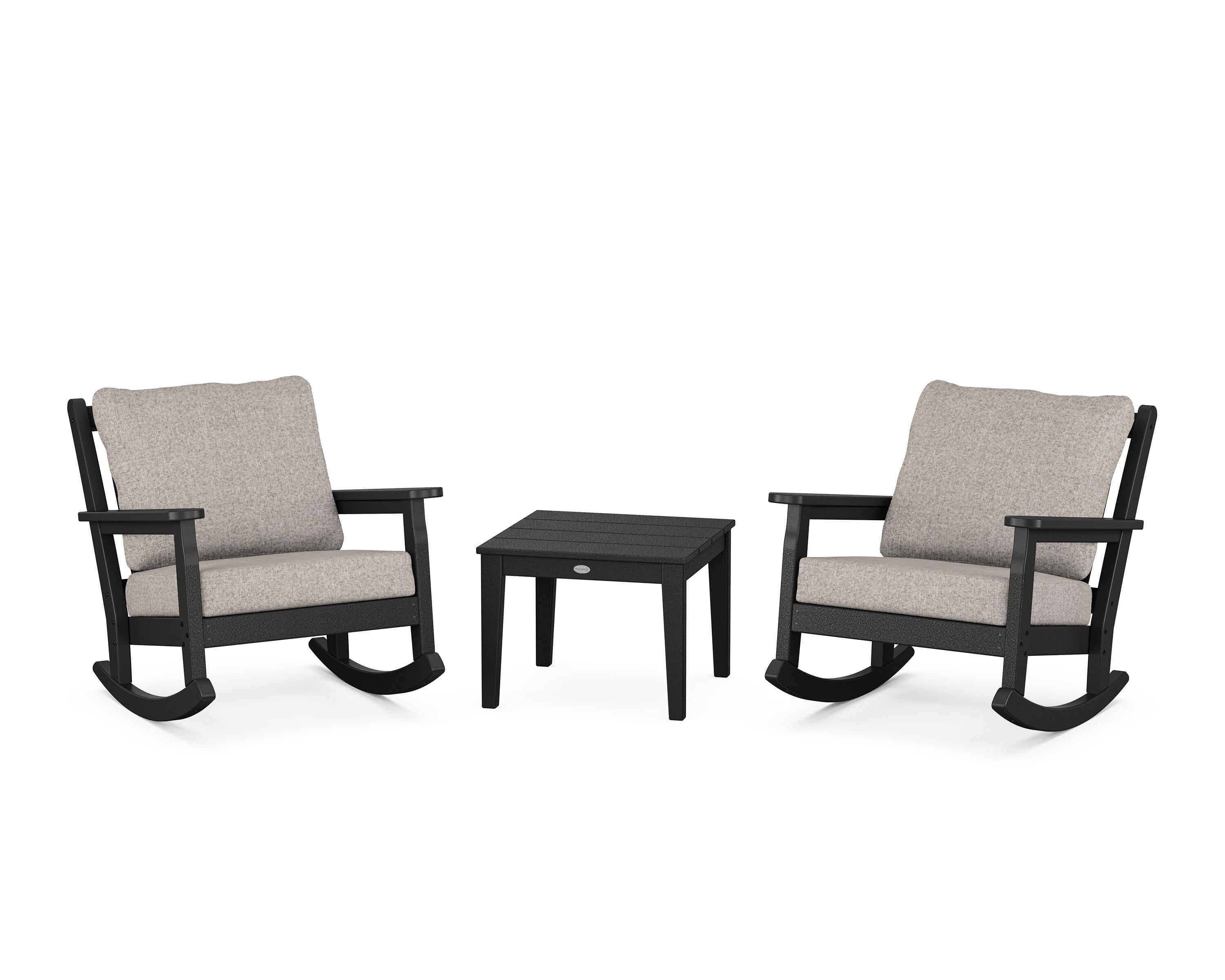 POLYWOOD Chippendale 3-Piece Deep Seating Rocker Set in Black / Weathered Tweed