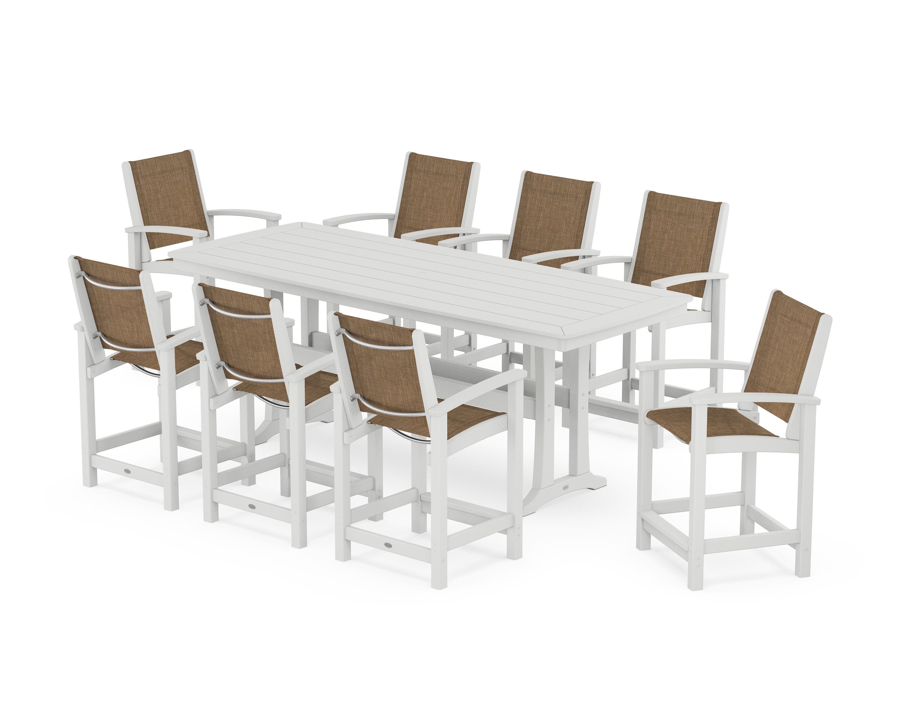 POLYWOOD Coastal 9-Piece Counter Set with Trestle Legs in White / Burlap Sling