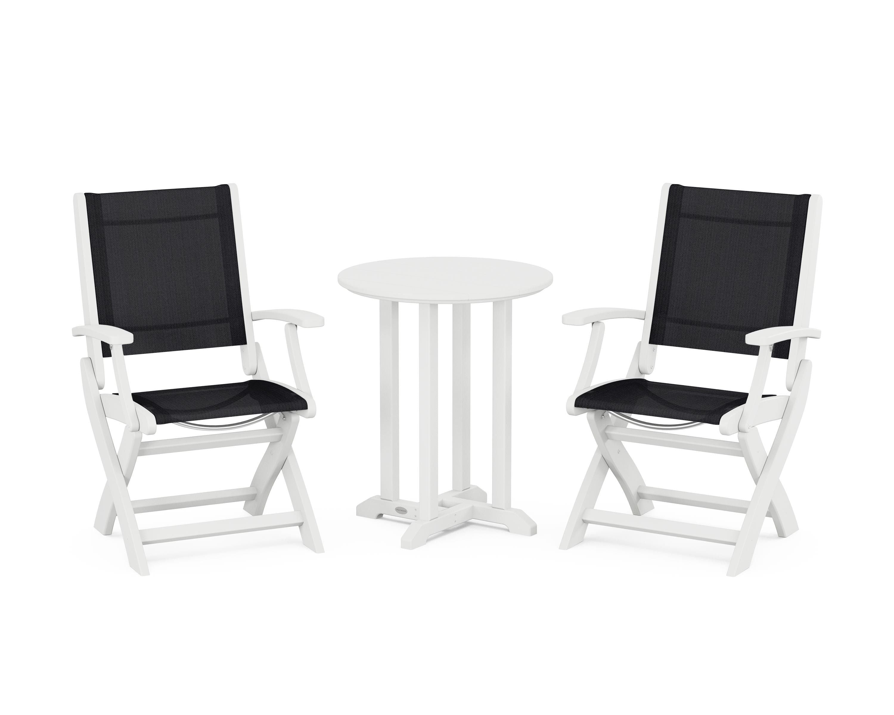 POLYWOOD Coastal Folding 3-Piece Round Bistro Dining Set in White / Black Sling
