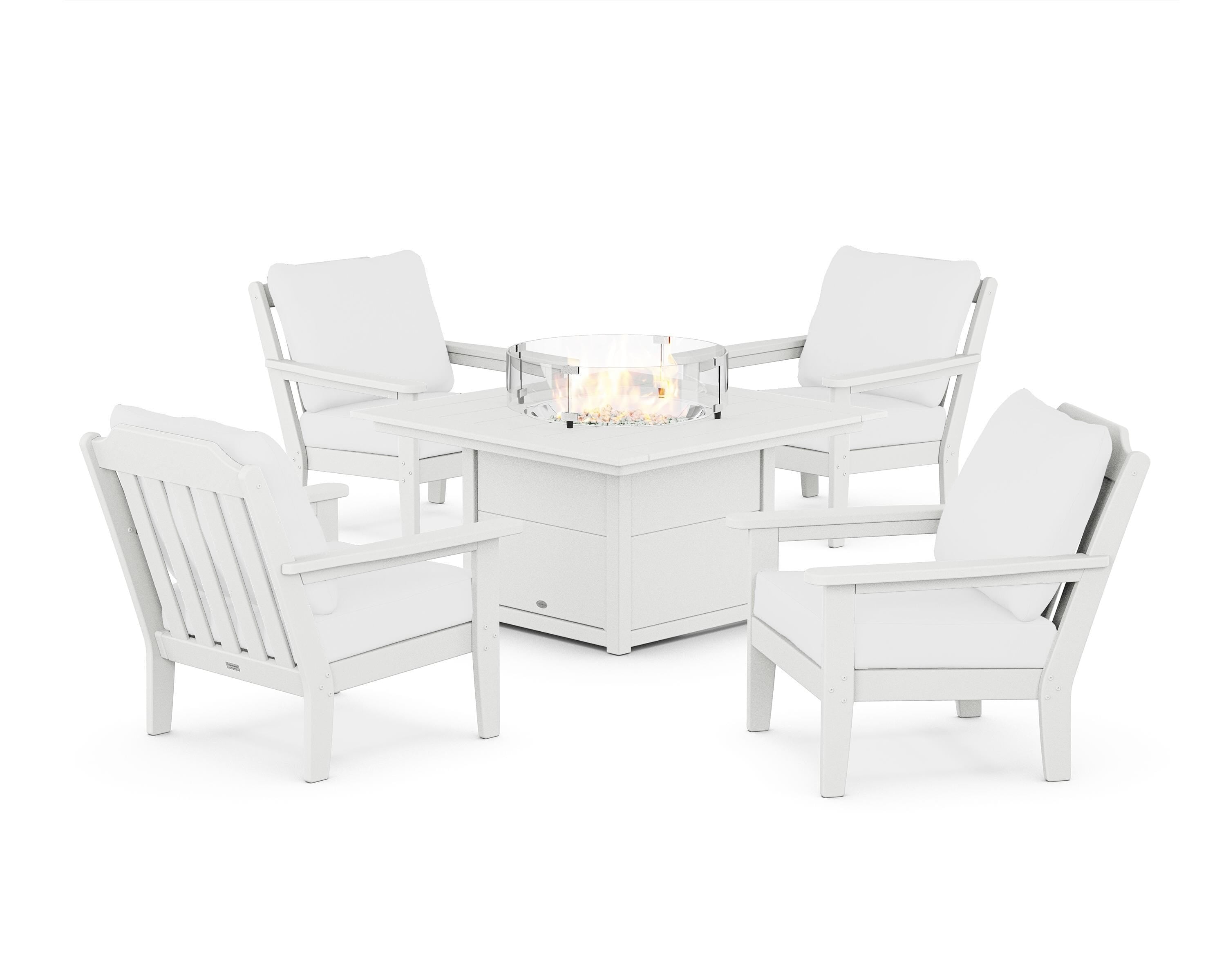 Country Living Cottage 5-Piece Deep Seating Set with Fire Pit Table in White / Natural