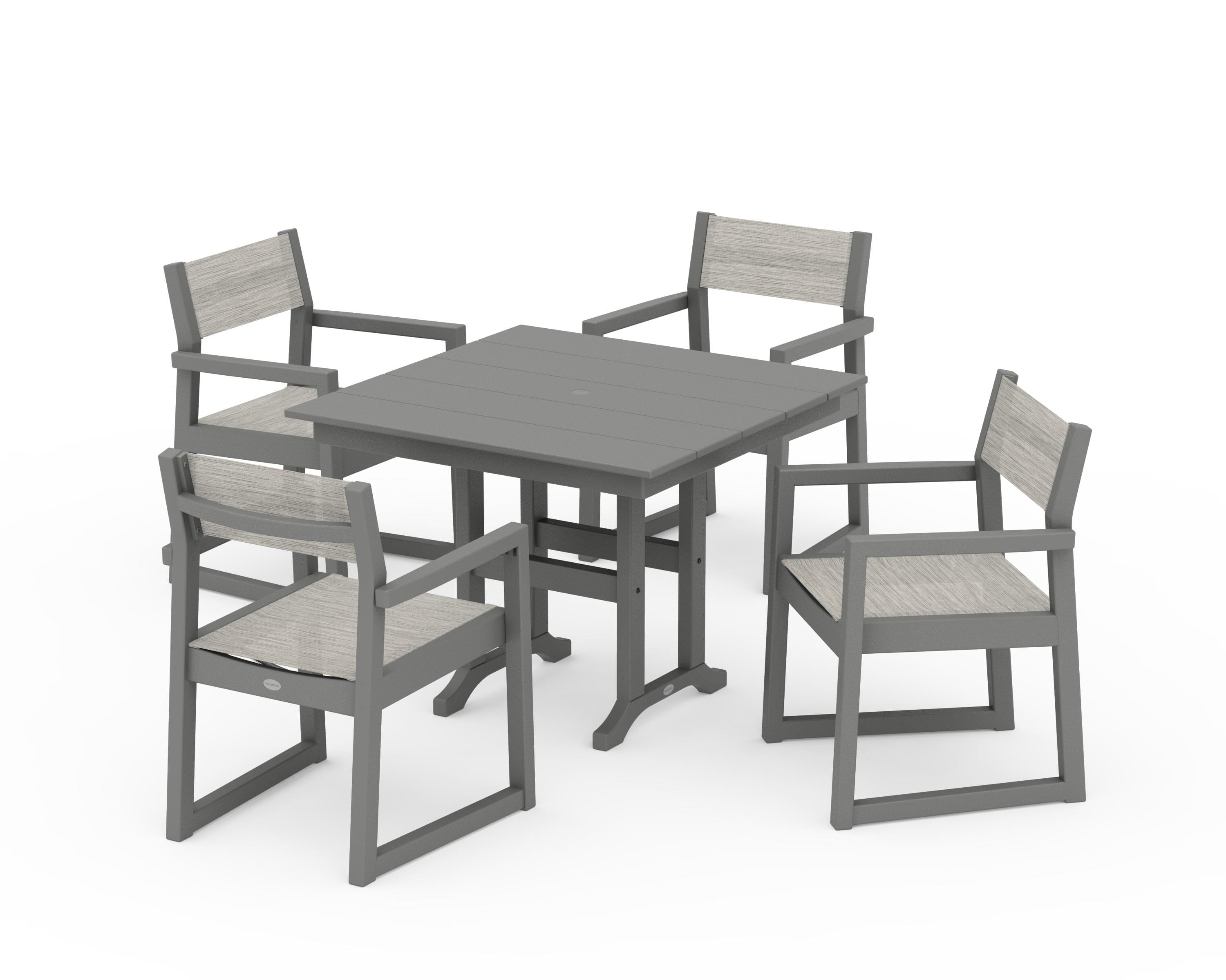 POLYWOOD EDGE Sling Arm Chair 5-Piece Farmhouse Dining Set in Slate Grey / Birch Sling