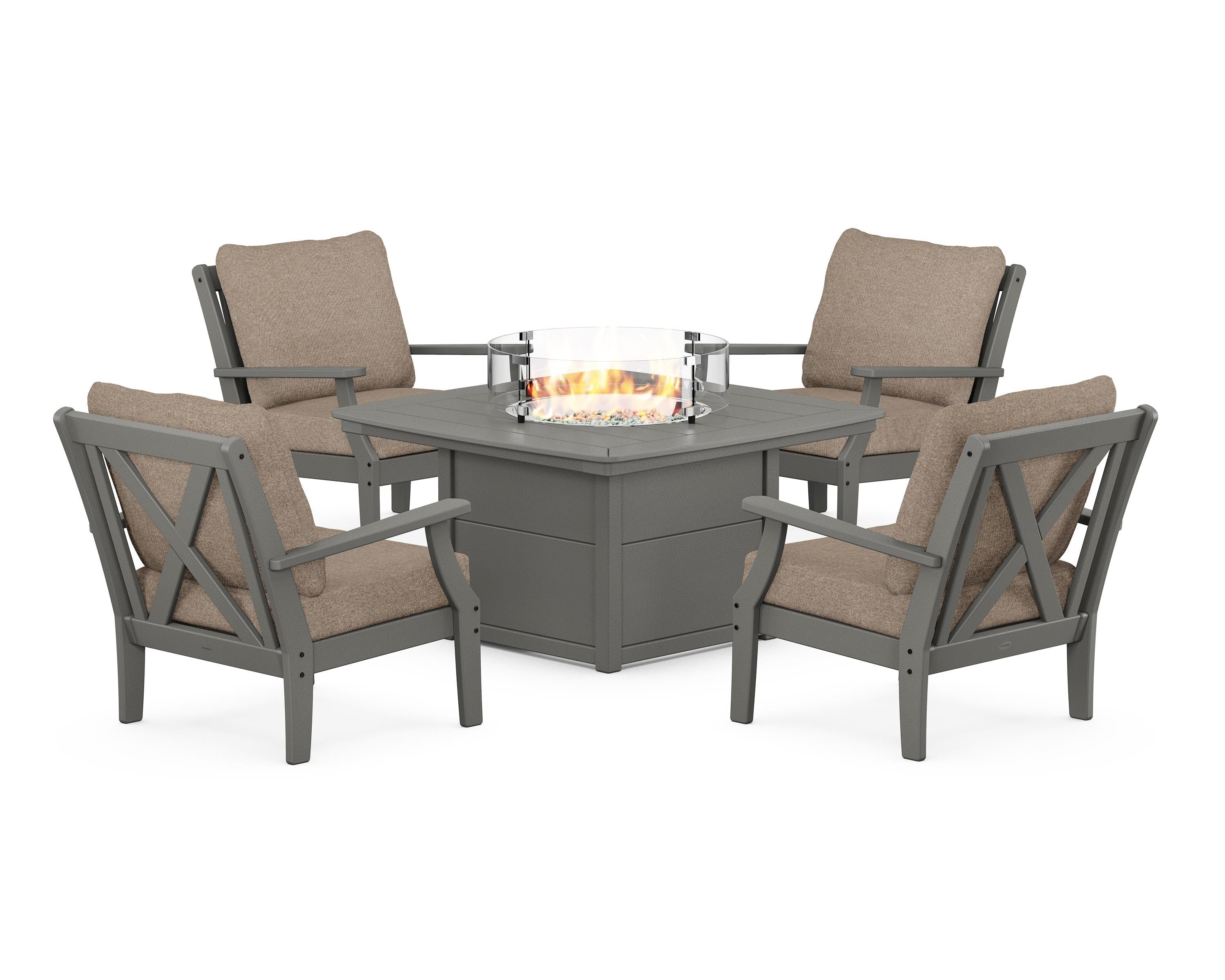 POLYWOOD Braxton 5-Piece Deep Seating Conversation Set with Fire Pit Table in Slate Grey / Spiced Burlap