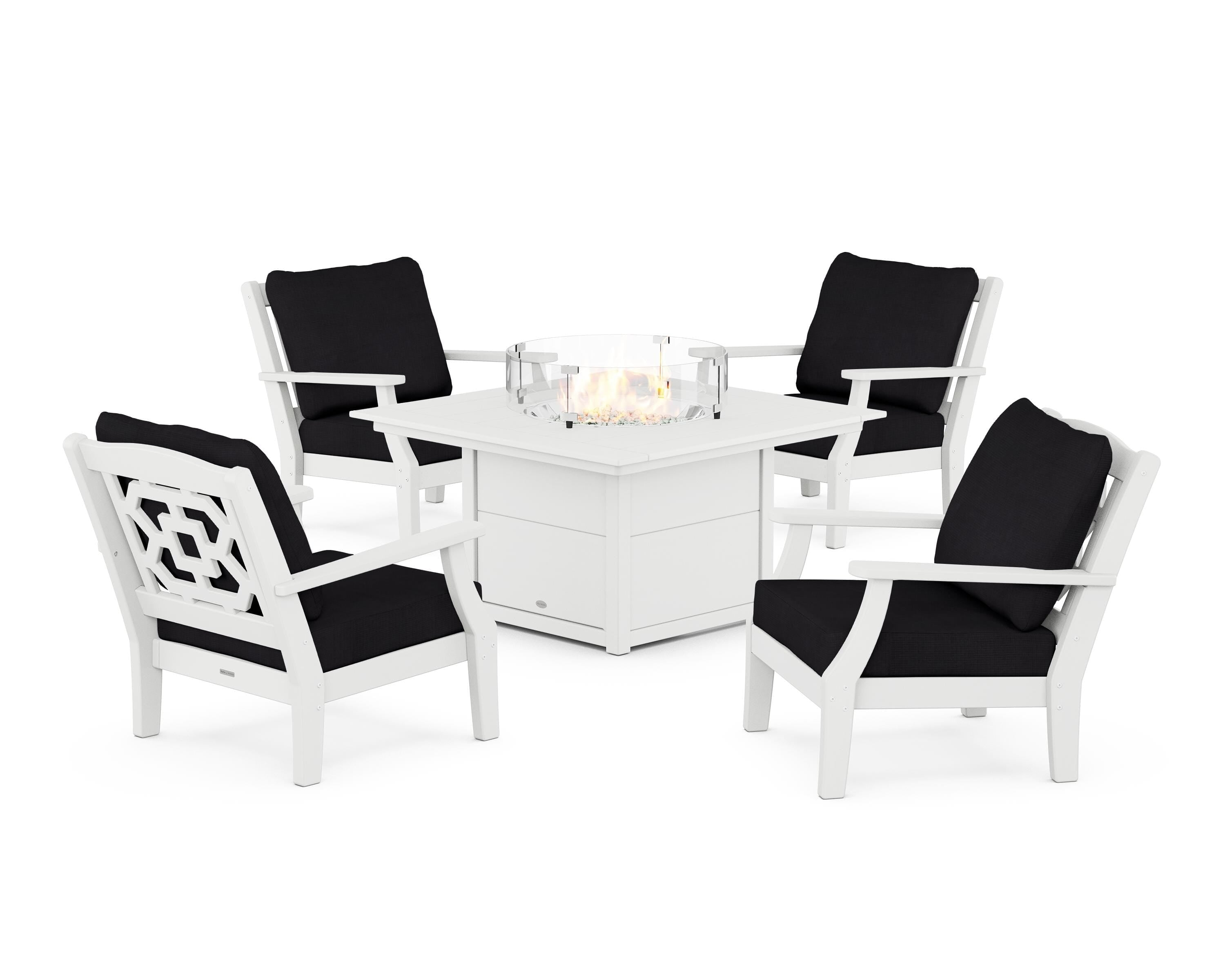 Martha Stewart by POLYWOOD Chinoiserie 5-Piece Deep Seating Set with Fire Pit Table in White / Midnight Linen