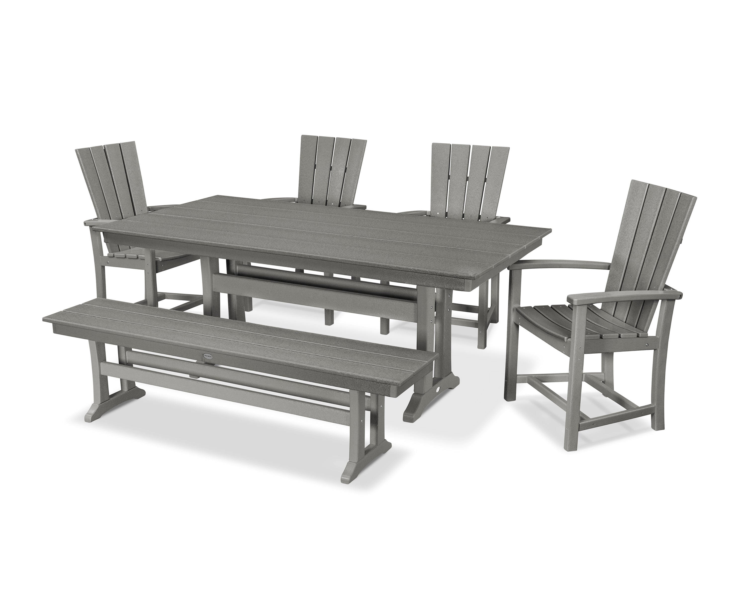 POLYWOOD Quattro 6-Piece Farmhouse Dining Set with Trestle Legs and Bench in Slate Grey