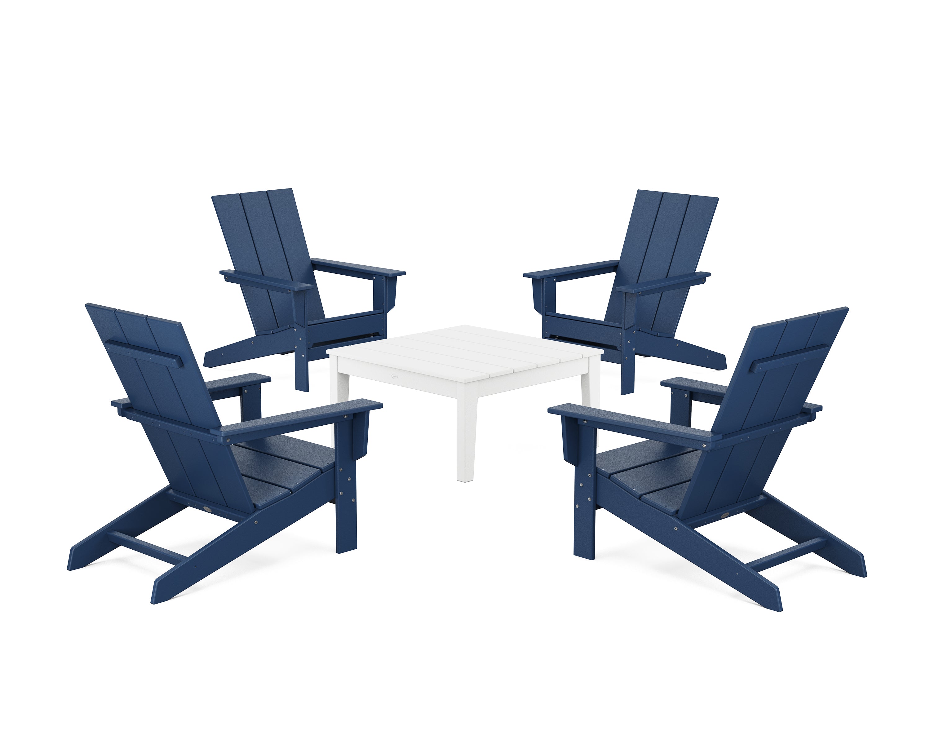 POLYWOOD 5-Piece Modern Studio Adirondack Chair Conversation Group in Navy / White