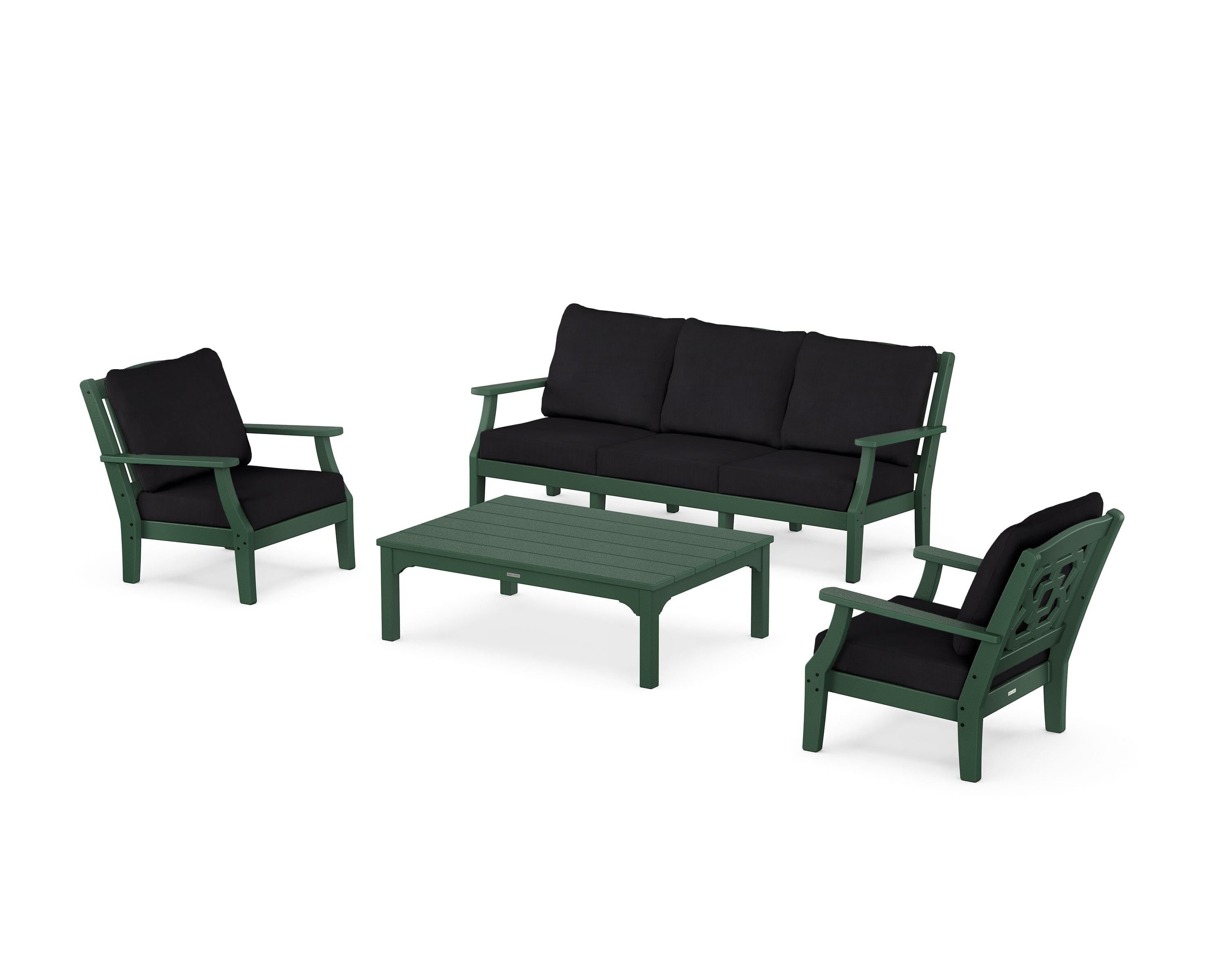 Martha Stewart by POLYWOOD Chinoiserie 4-Piece Deep Seating Set with Sofa in Green / Midnight Linen
