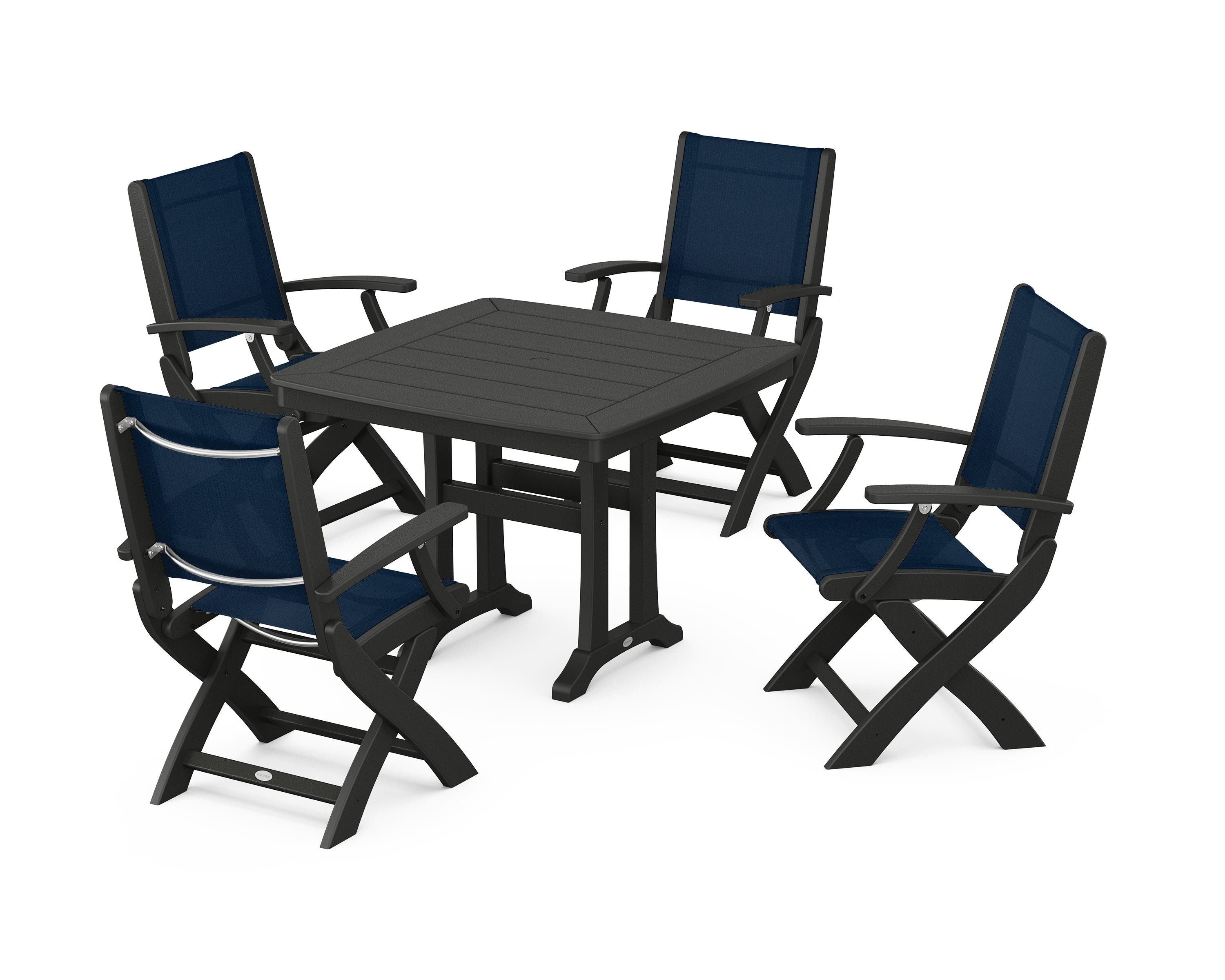 POLYWOOD Coastal Folding Chair 5-Piece Dining Set with Trestle Legs in Black / Navy Blue Sling