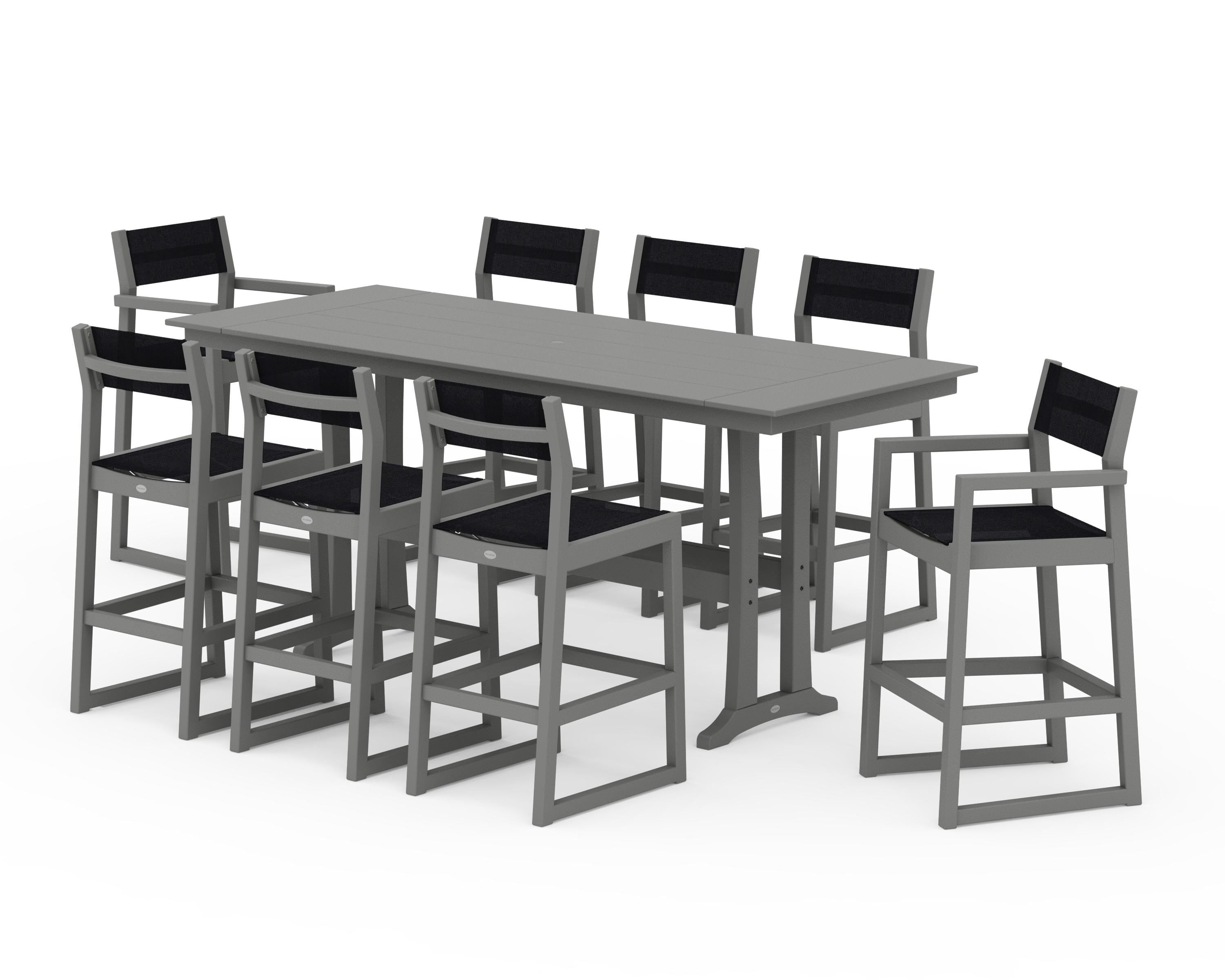 POLYWOOD EDGE Sling 9-Piece Farmhouse Bar Set with Trestle Legs in Slate Grey / Black Sling