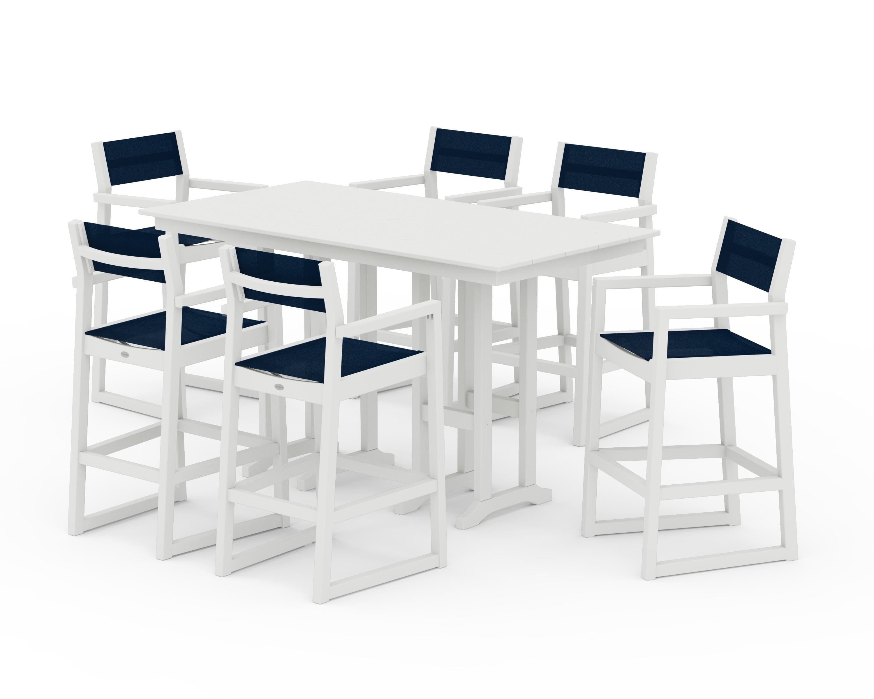 POLYWOOD EDGE Sling Arm Chair 7-Piece Farmhouse Bar Set in Vintage White / Navy Blue Sling