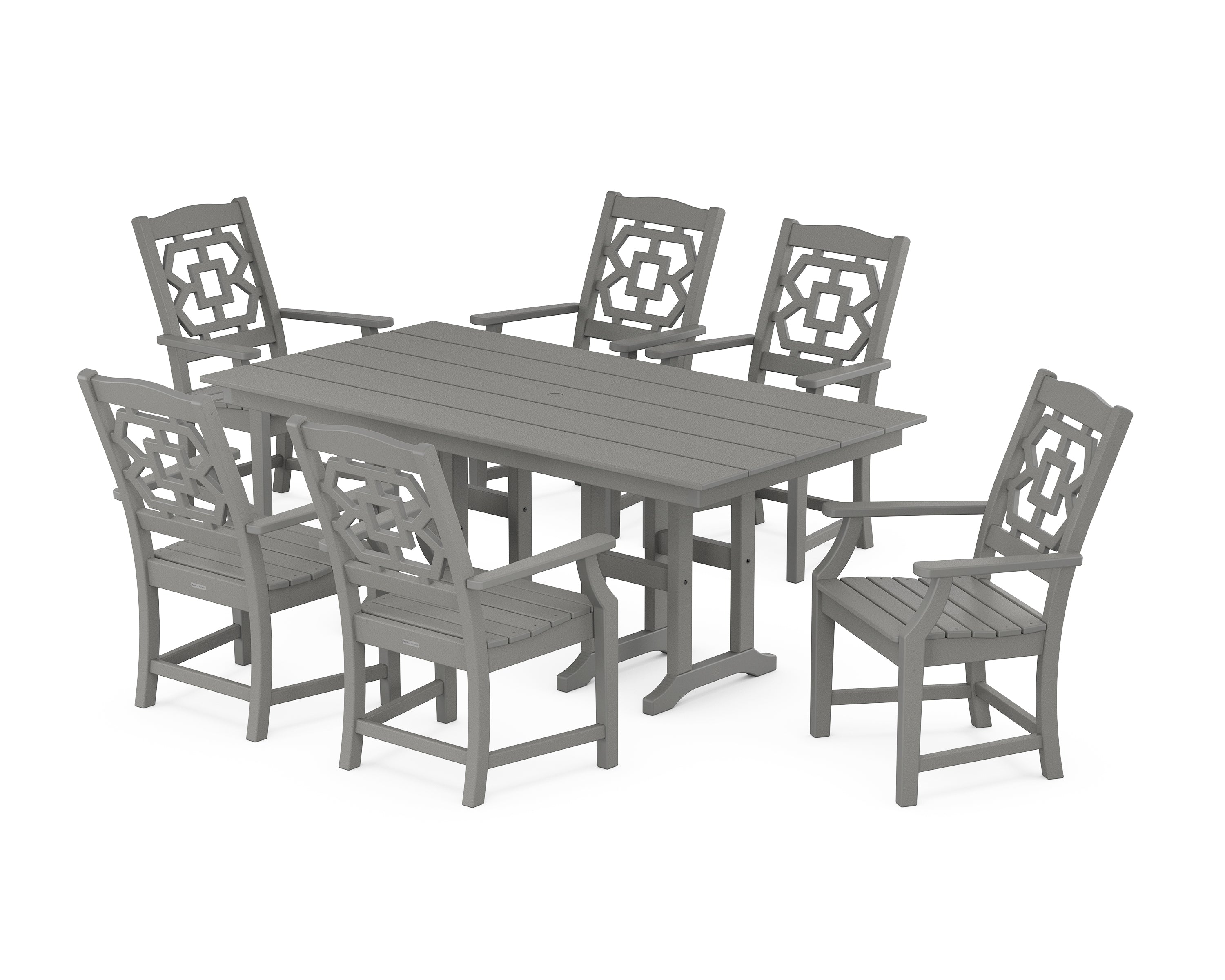 Martha Stewart by POLYWOOD Chinoiserie Arm Chair 7-Piece Farmhouse Dining Set in Slate Grey