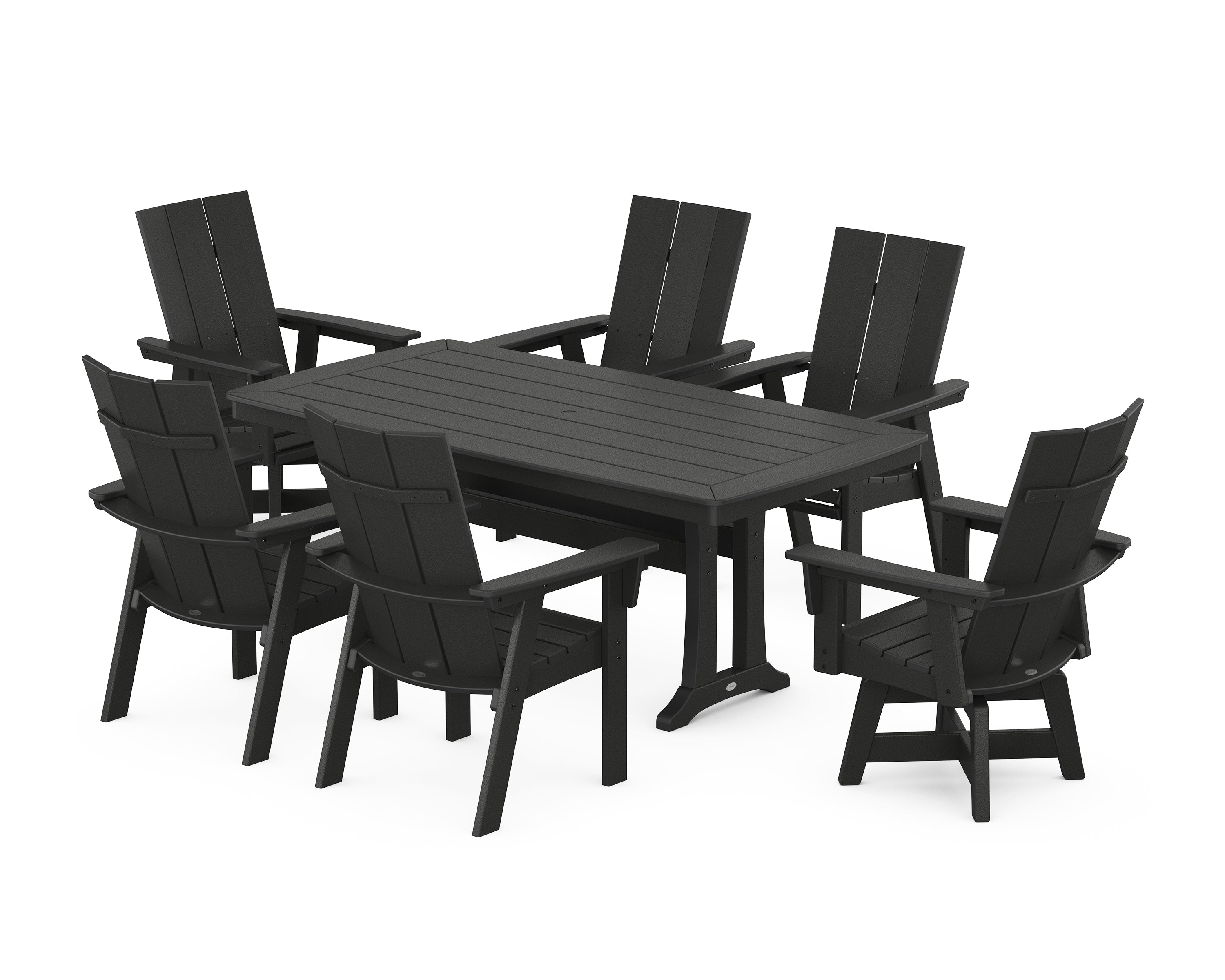 POLYWOOD Modern Adirondack Swivel Chair 7-Piece Dining Set with Trestle Legs in Black