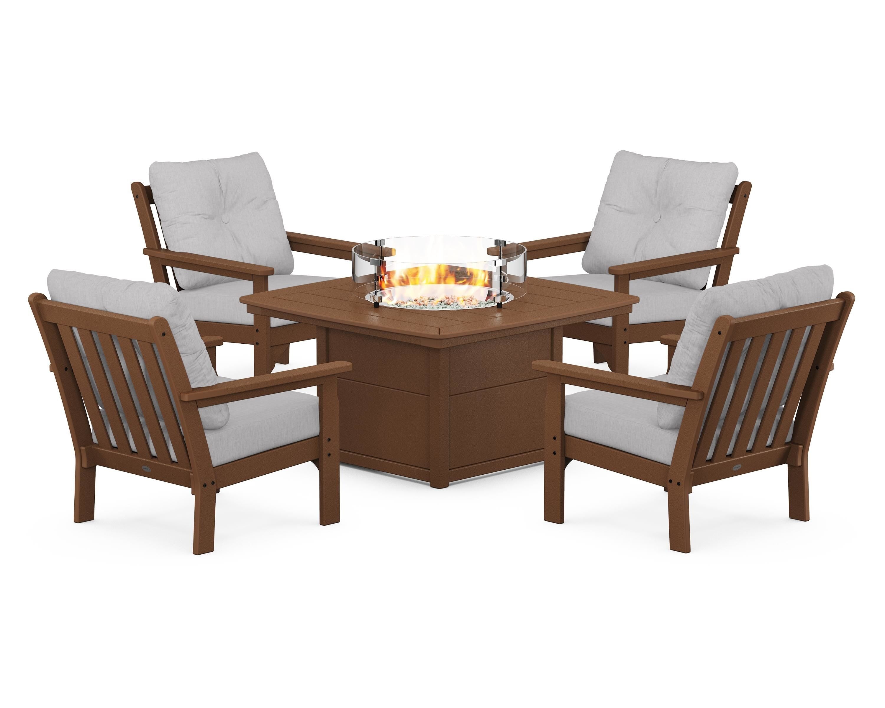 POLYWOOD Vineyard 5-Piece Conversation Set with Fire Pit Table in Teak / Granite