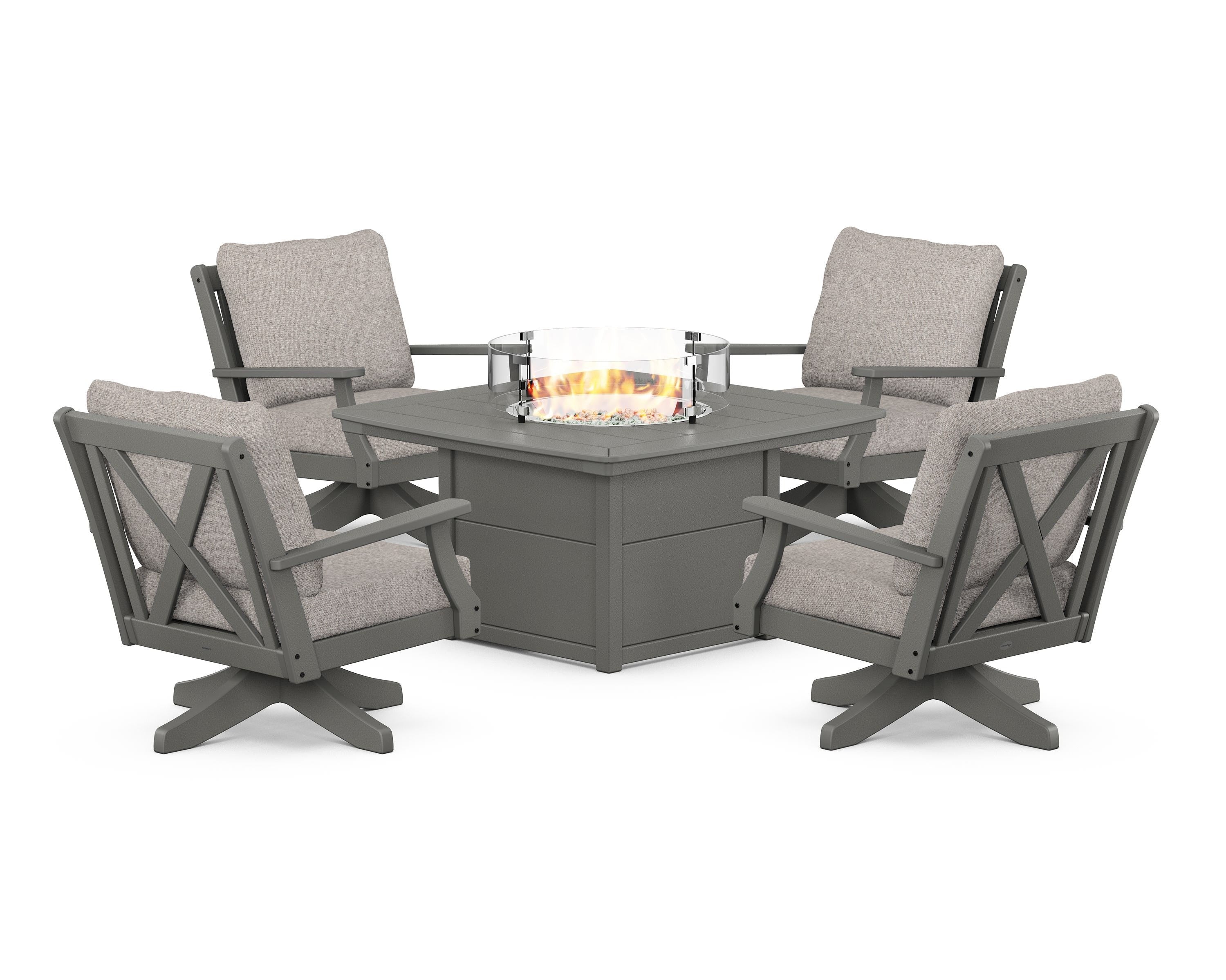 POLYWOOD Braxton 5-Piece Deep Seating Swivel Conversation Set with Fire Pit Table in Slate Grey / Weathered Tweed