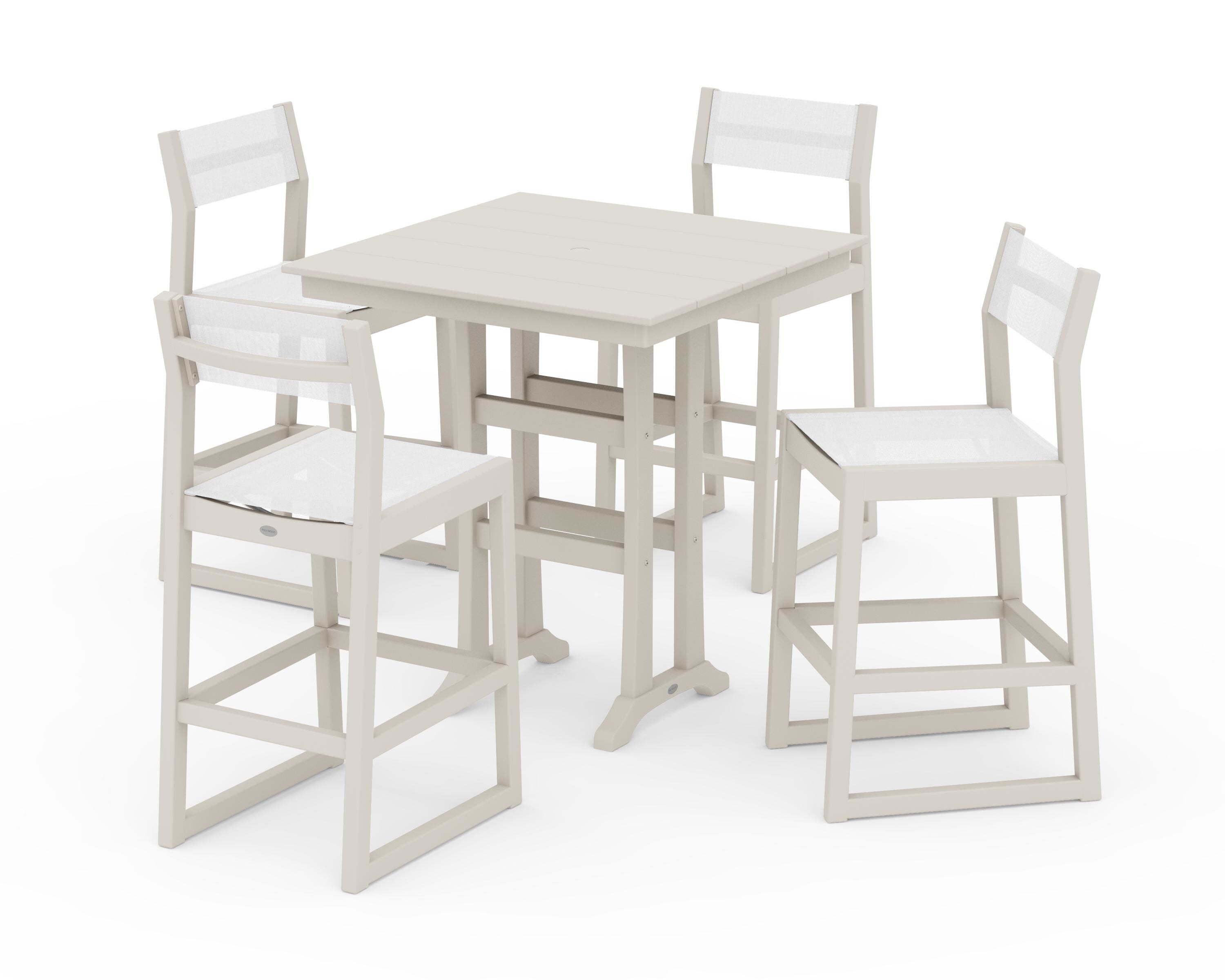 POLYWOOD EDGE Sling Arm Chair 5-Piece Farmhouse Bar Set with Trestle Legs in Sand / White Sling