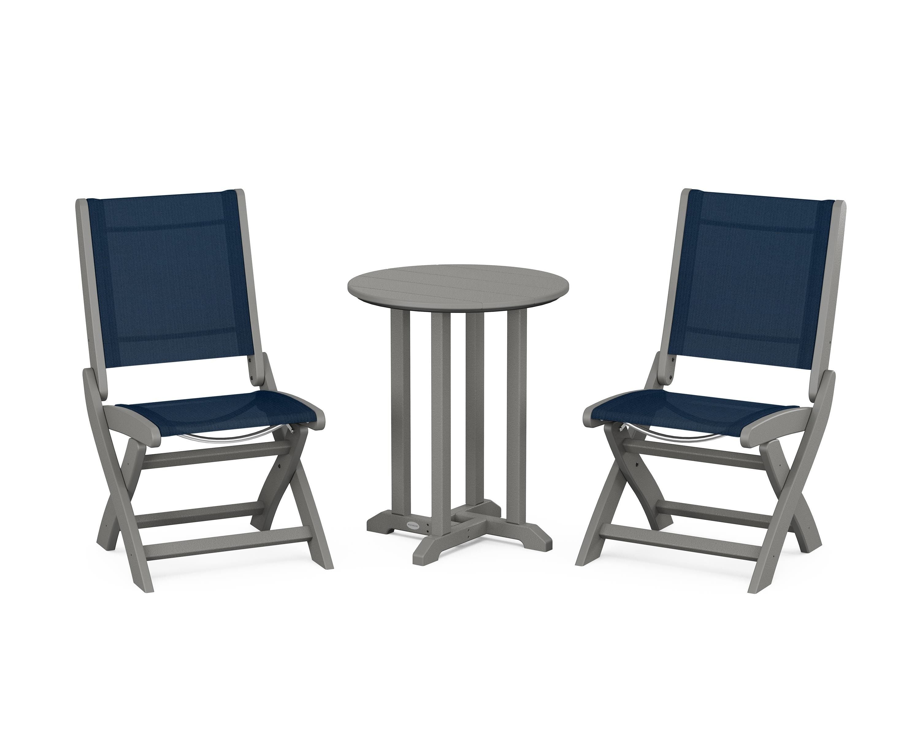 POLYWOOD Coastal Folding Side Chair 3-Piece Round Bistro Dining Set in Slate Grey / Navy Blue Sling