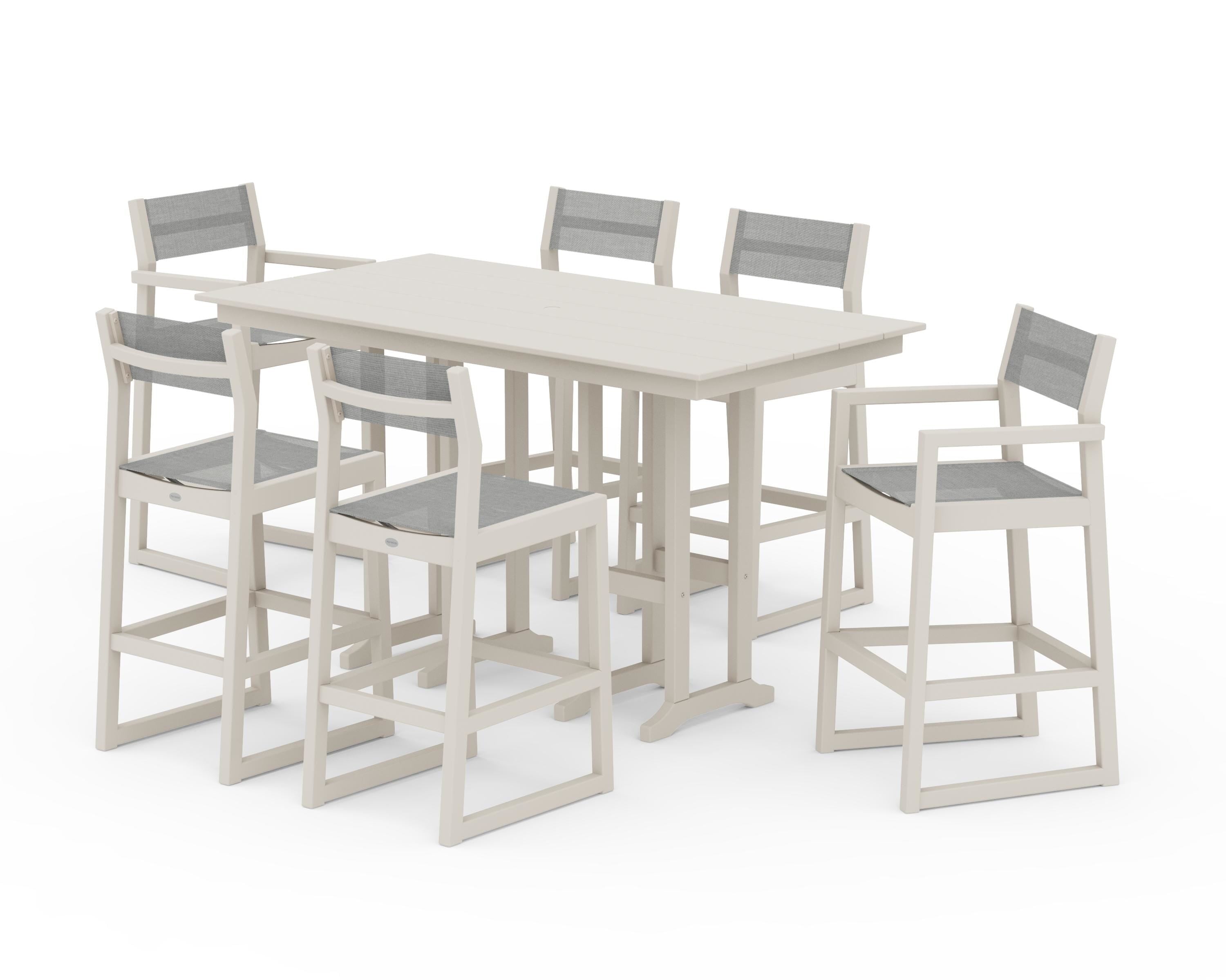 POLYWOOD EDGE Sling 7-Piece Farmhouse Bar Set in Sand / Metallic Sling