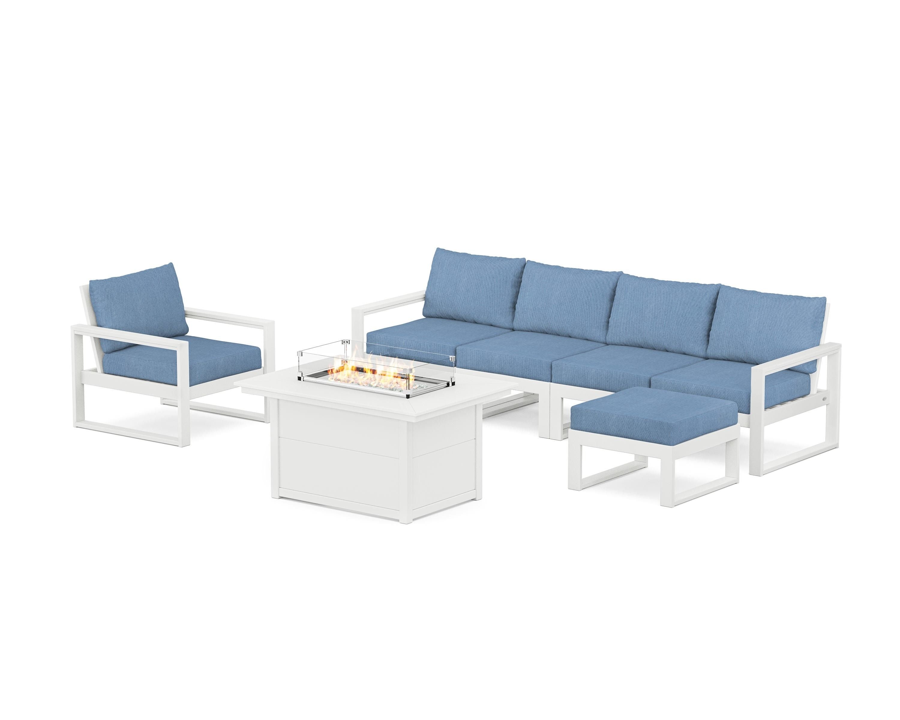 POLYWOOD EDGE Sectional Lounge and Fire Pit Set in White / Sky Blue